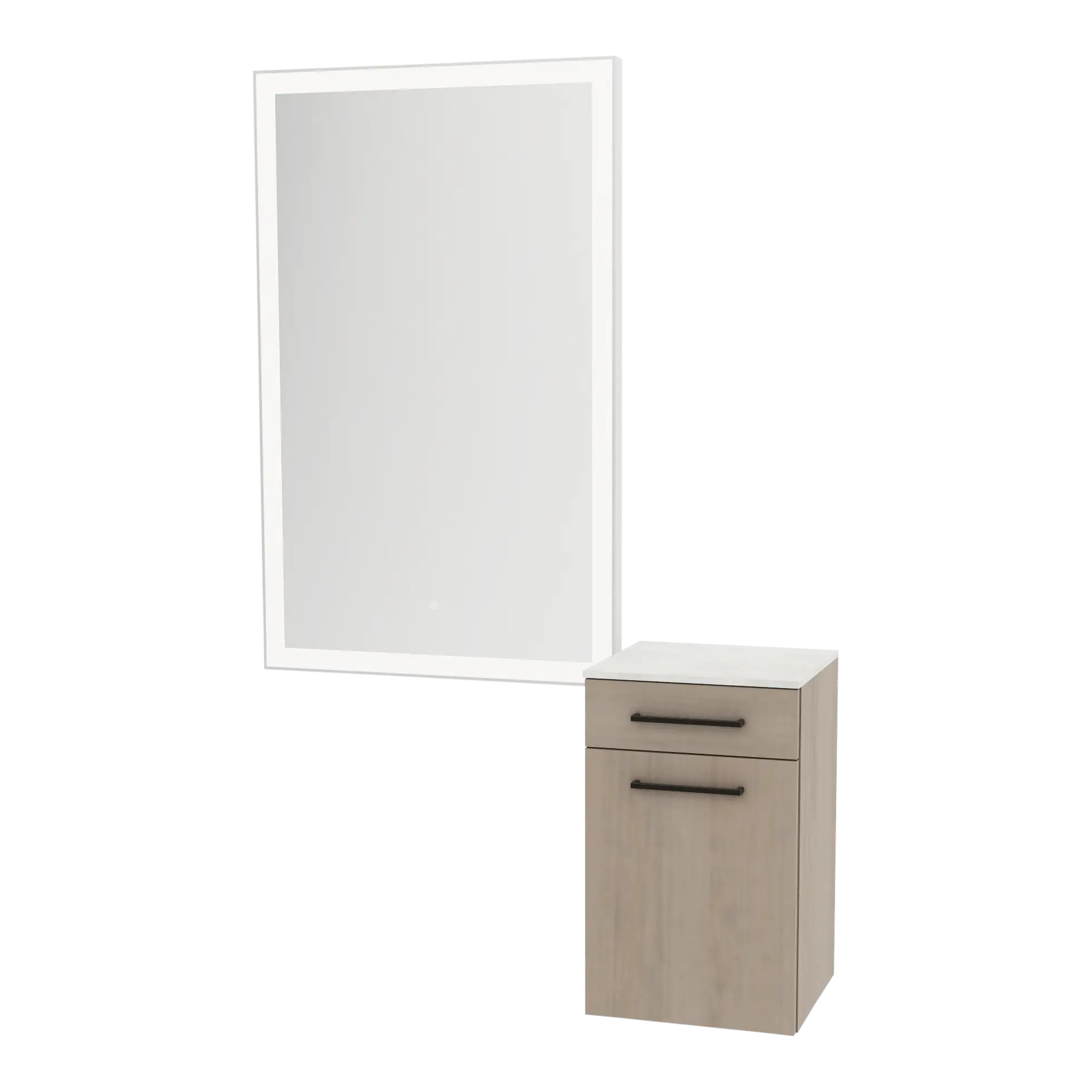 Glo Wall Mount Styling Station with Tilt-out Appliance Holder, Solid Surface Countertop, and Silver Rectangle Glo Mirror