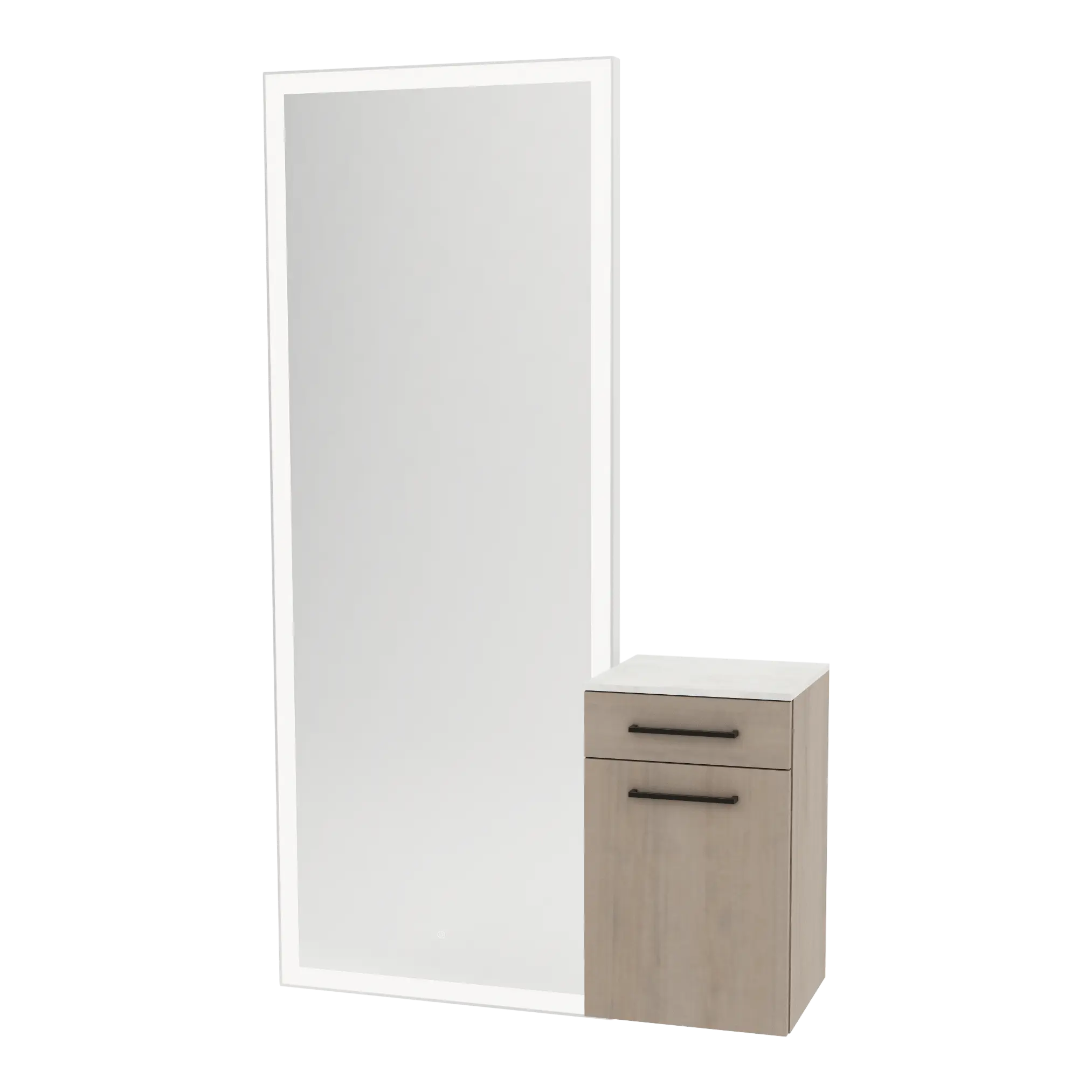 Glo Wall Mount Styling Station with Tilt-out Appliance Holder, Solid Surface Countertop, and Silver Full-Length Rectangle Glo Mirror