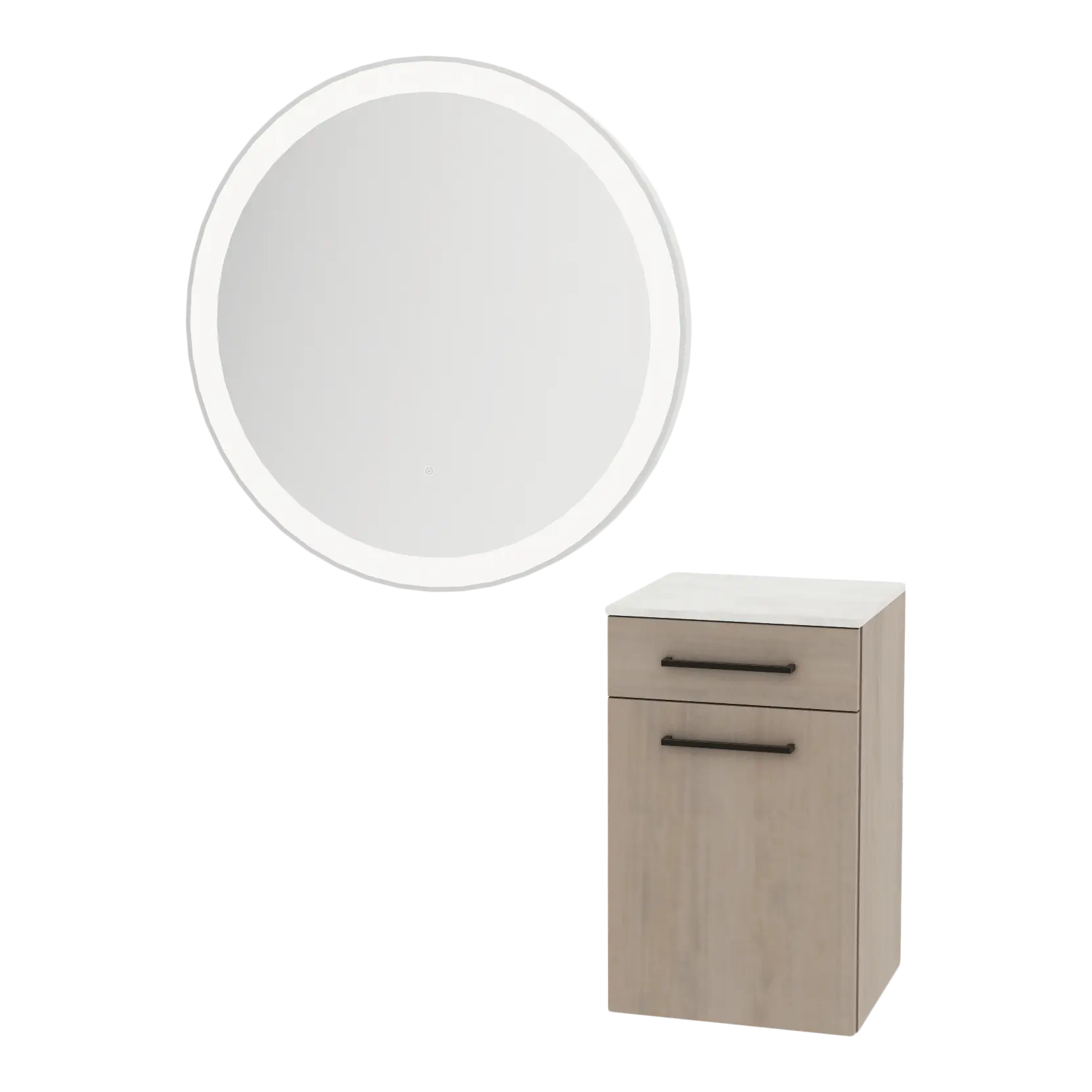 Glo Wall Mount Styling Station with Tilt-out Appliance Holder, Solid Surface Countertop, and Silver Round Glo Mirror
