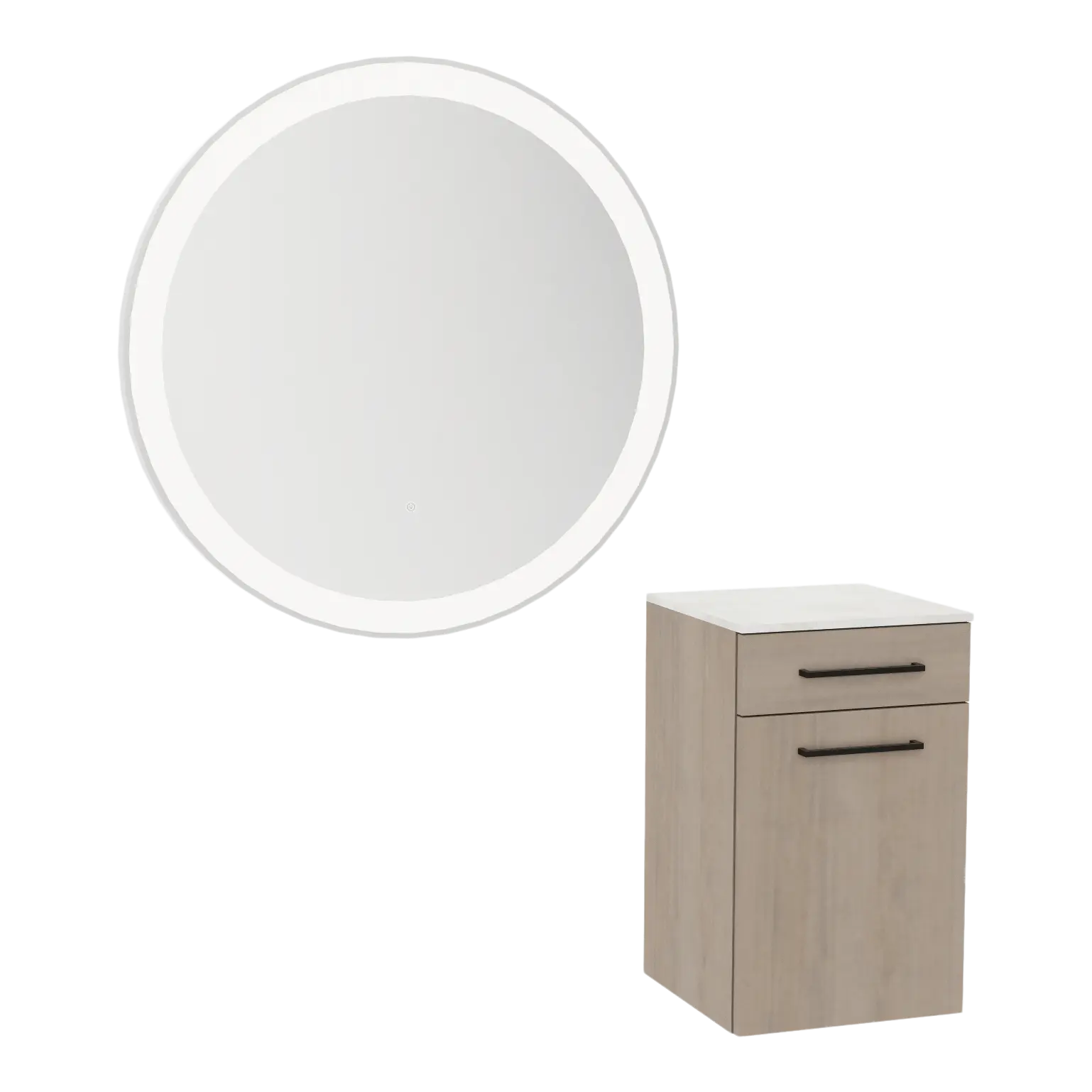 Glo Wall Mount Styling Station with Tilt-out Appliance Holder, Solid Surface Countertop, and Silver Round Glo Mirror