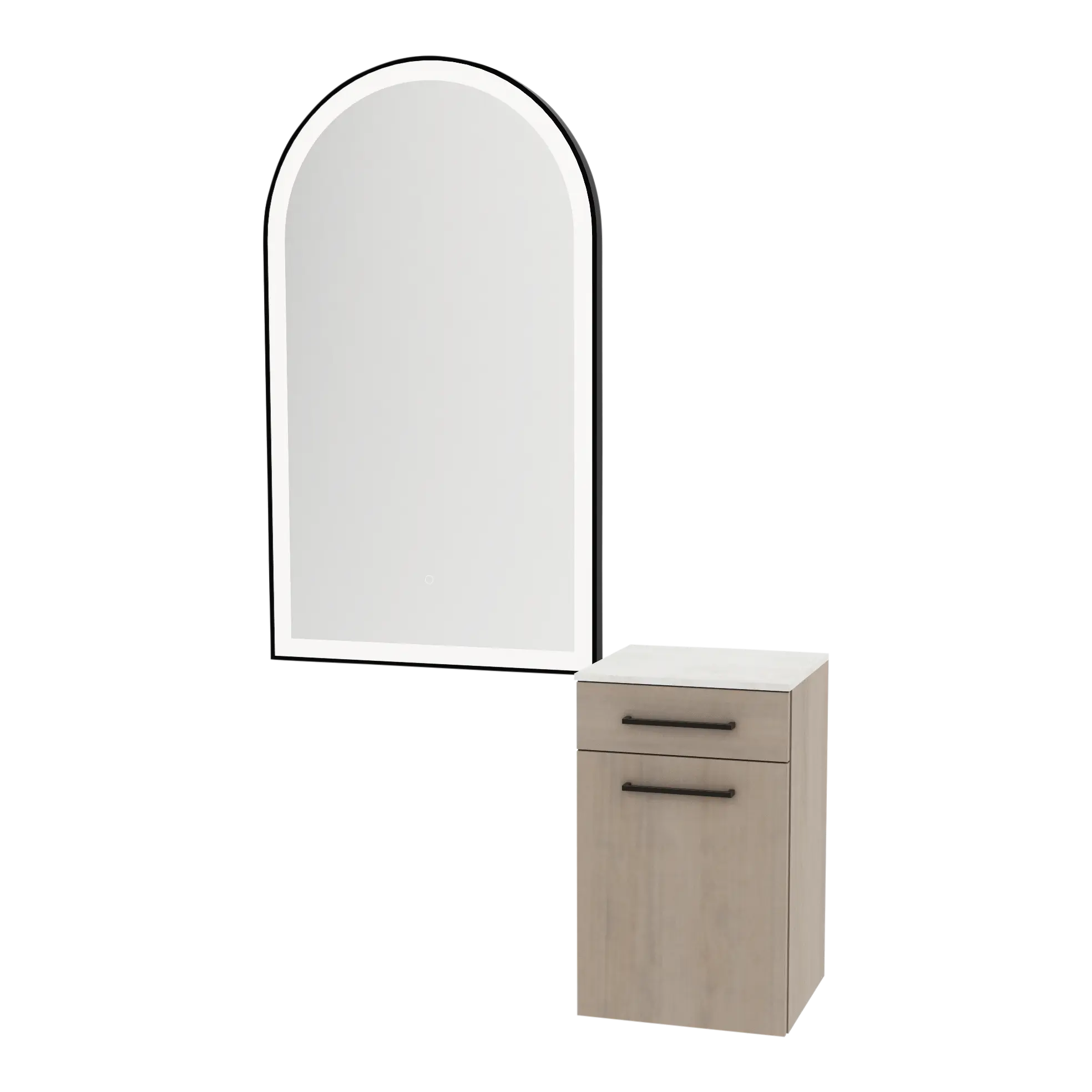 Glo Wall Mount Styling Station with Tilt-out Appliance Holder, Solid Surface Countertop, and Black Arch Paloma Mirror