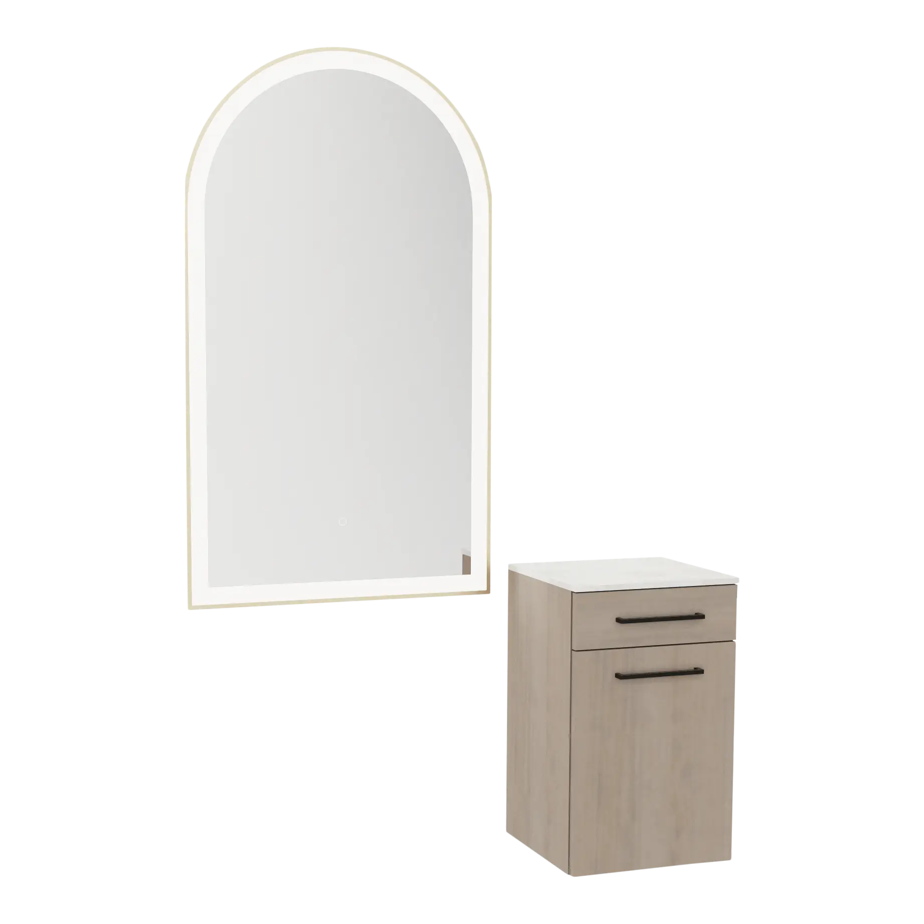 Glo Wall Mount Styling Station with Tilt-out Appliance Holder, Solid Surface Countertop, and Gold Arch Paloma Mirror