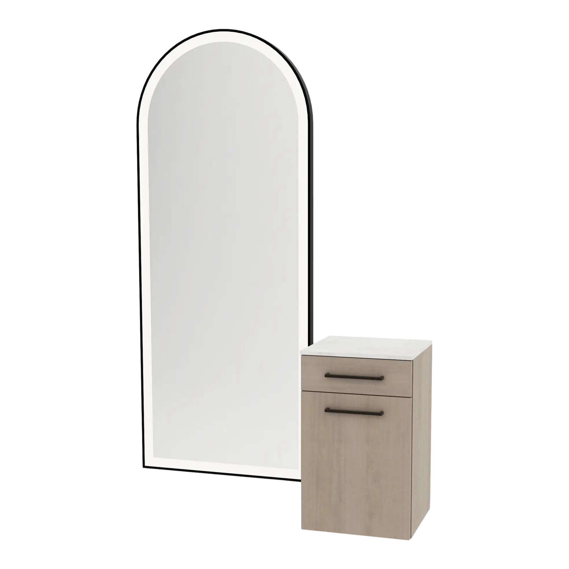 Glo Wall Mount Styling Station with Tilt-out Appliance Holder, Solid Surface Countertop, and Black Full-Length Arch Paloma Mirror