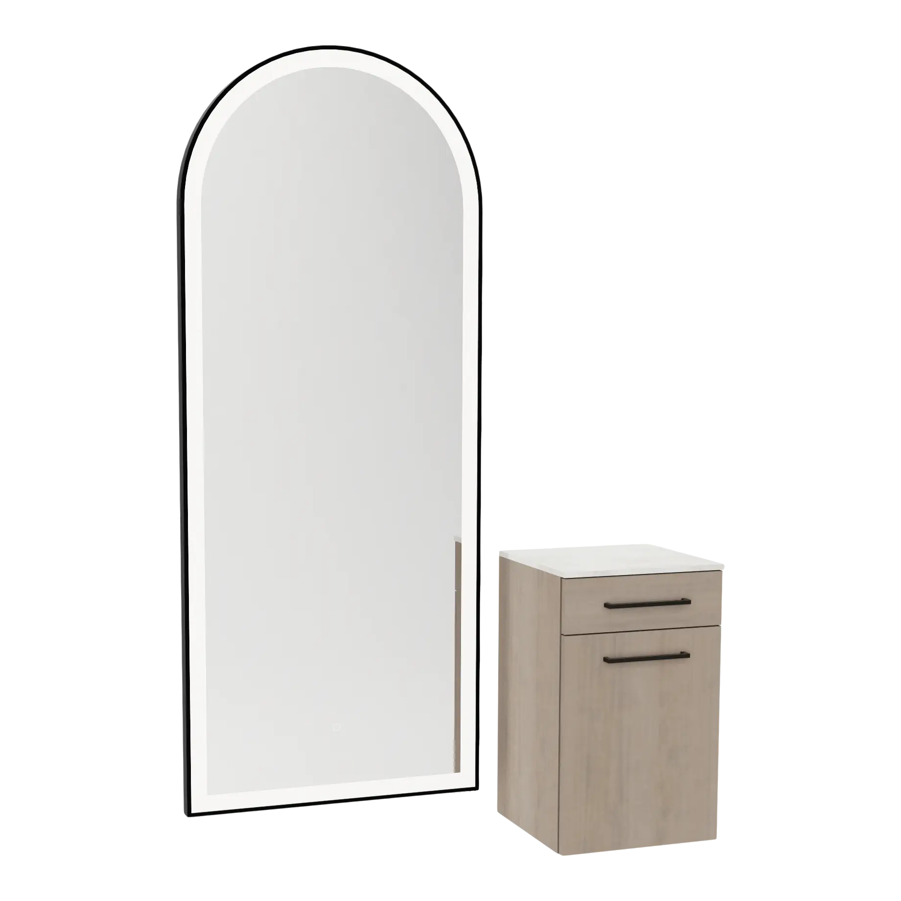 Glo Wall Mount Styling Station with Tilt-out Appliance Holder, Solid Surface Countertop, and Black Full-Length Arch Paloma Mirror