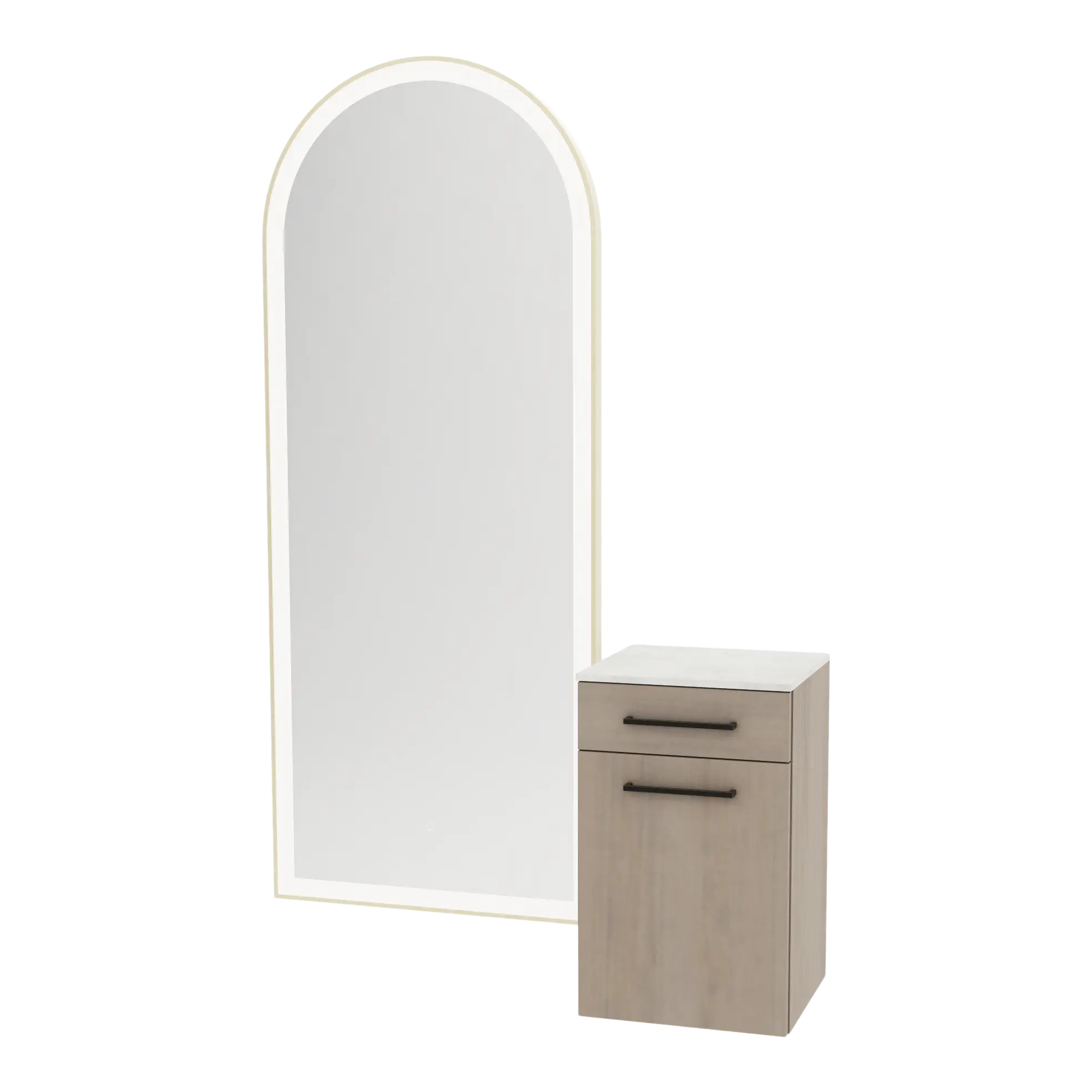 Glo Wall Mount Styling Station with Tilt-out Appliance Holder, Solid Surface Countertop, and Gold Full-Length Arch Paloma Mirror