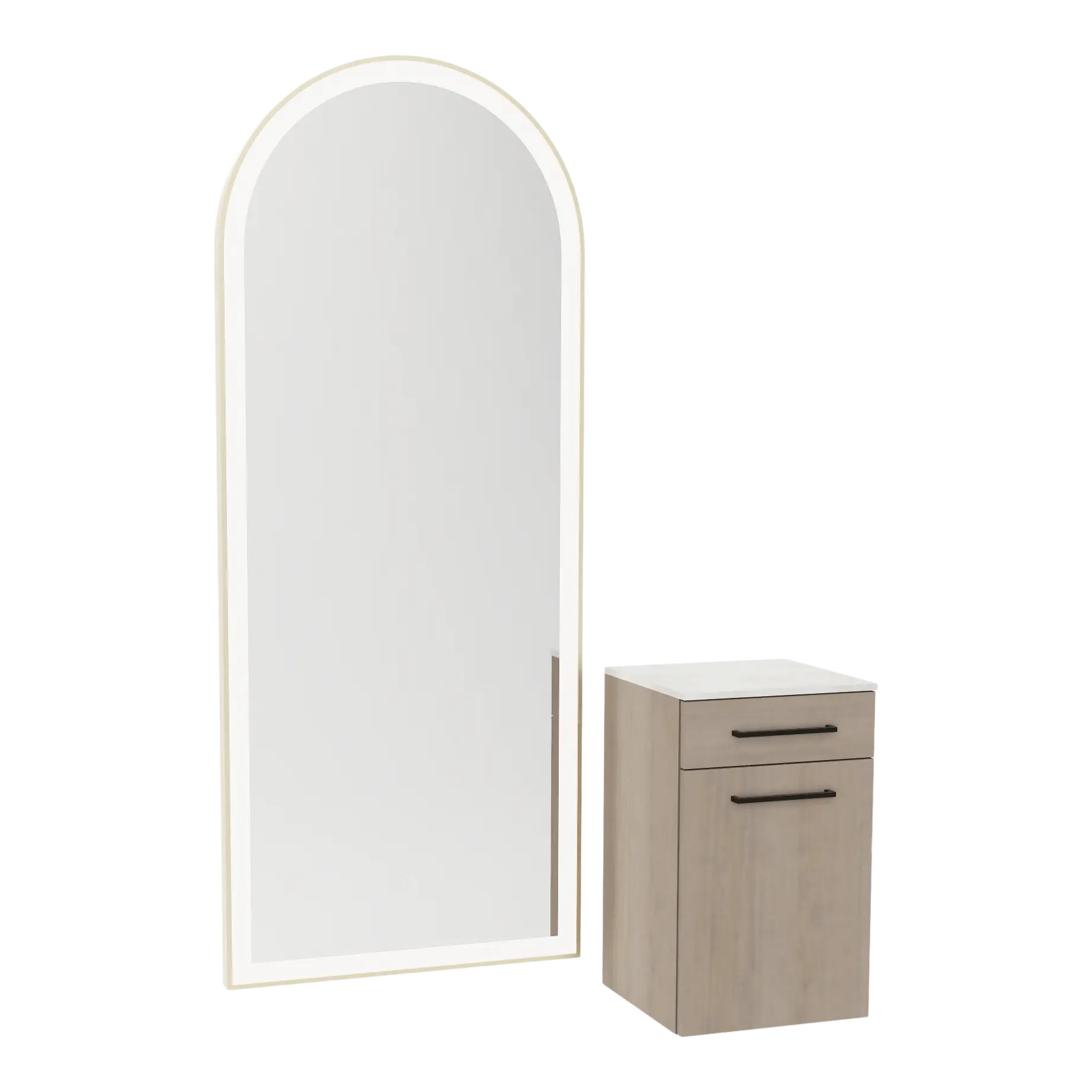 Glo Wall Mount Styling Station with Tilt-out Appliance Holder, Solid Surface Countertop, and Gold Full-Length Arch Paloma Mirror