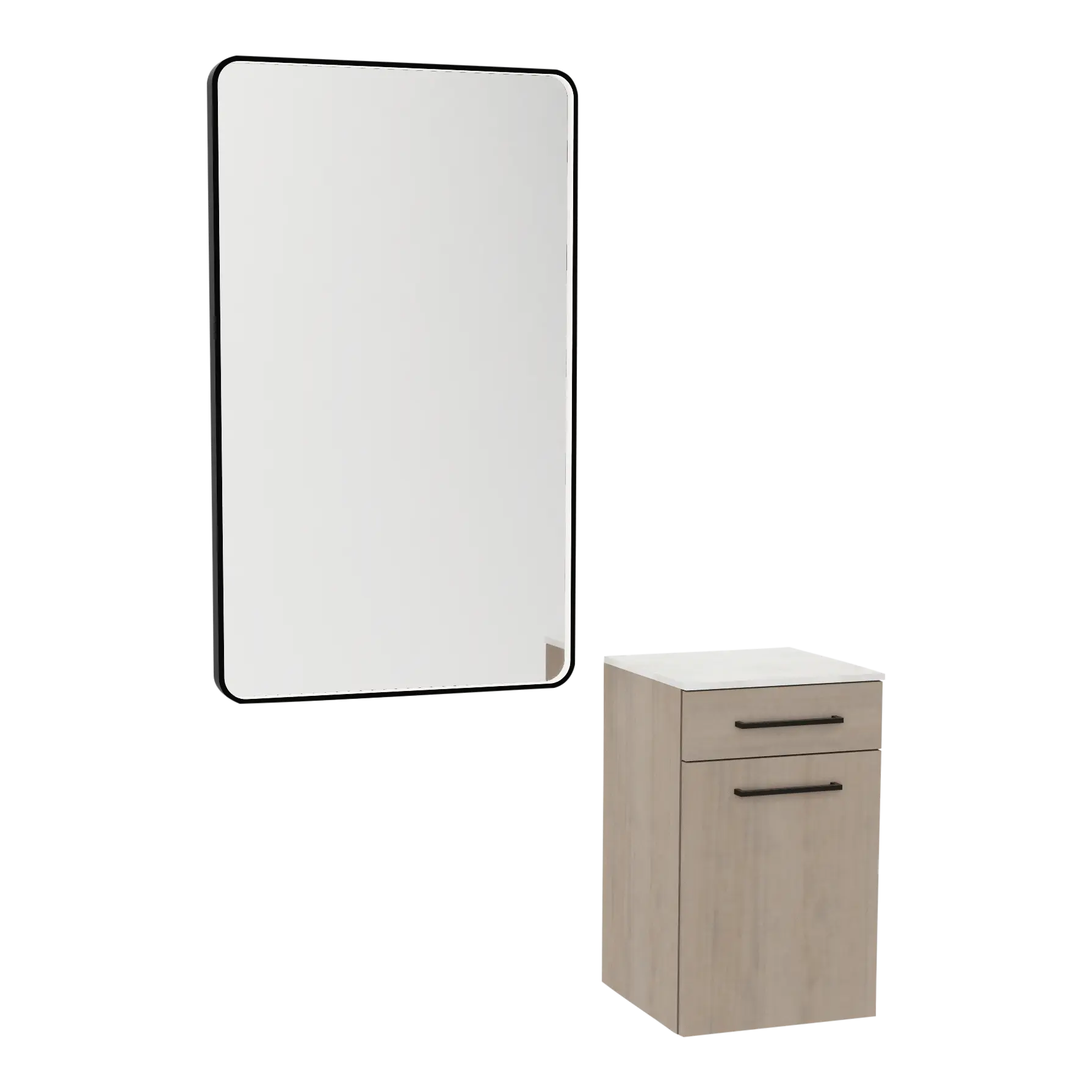 Glo Laminate Wall Mount Styling Station with Solid Surface Countertop, Tilt-Out Appliance Holder, and Westin Rectangle Mirror