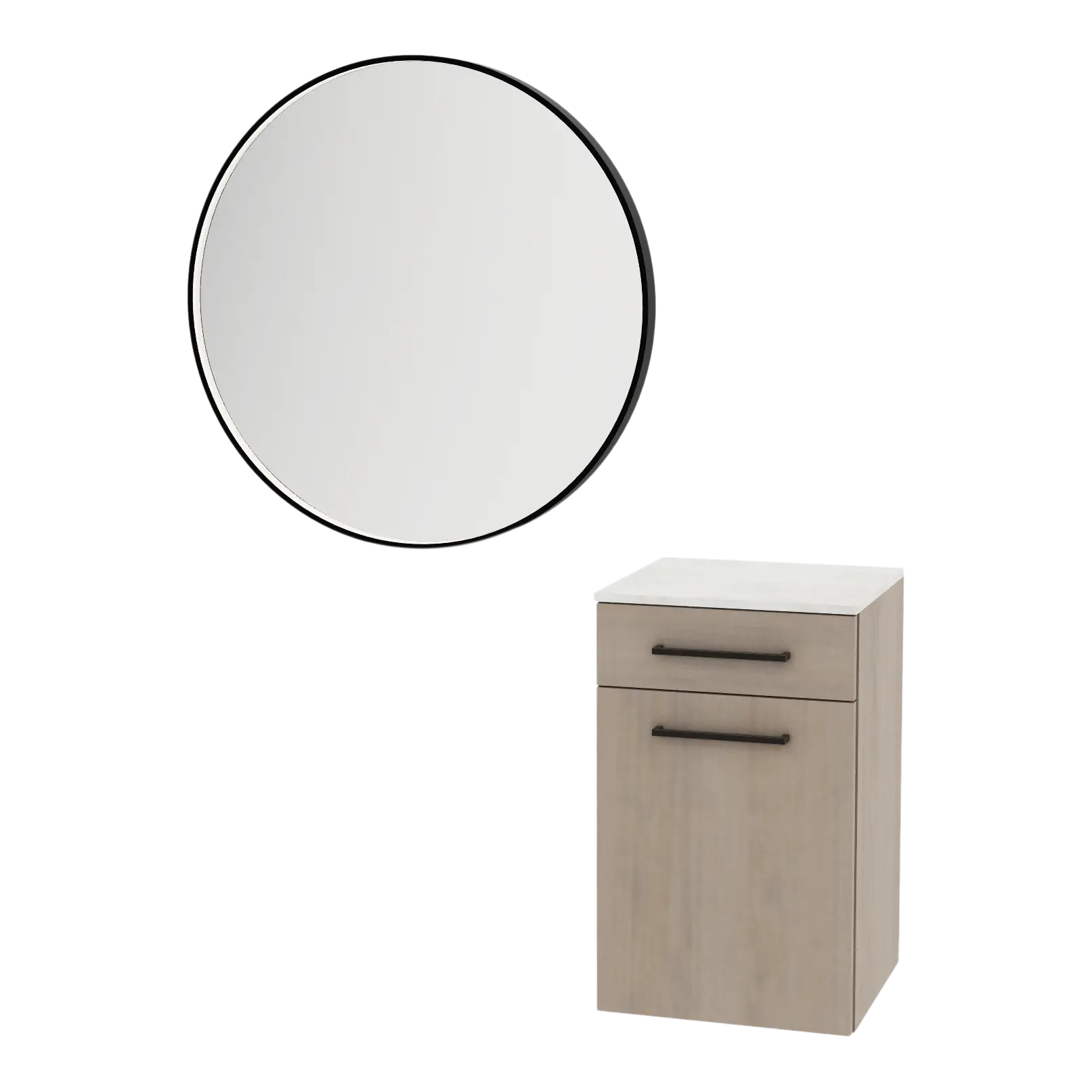 Glo Wall Mount Styling Station with Tilt-out Appliance Holder, Solid Surface Countertop, and Black Round Westin Mirror
