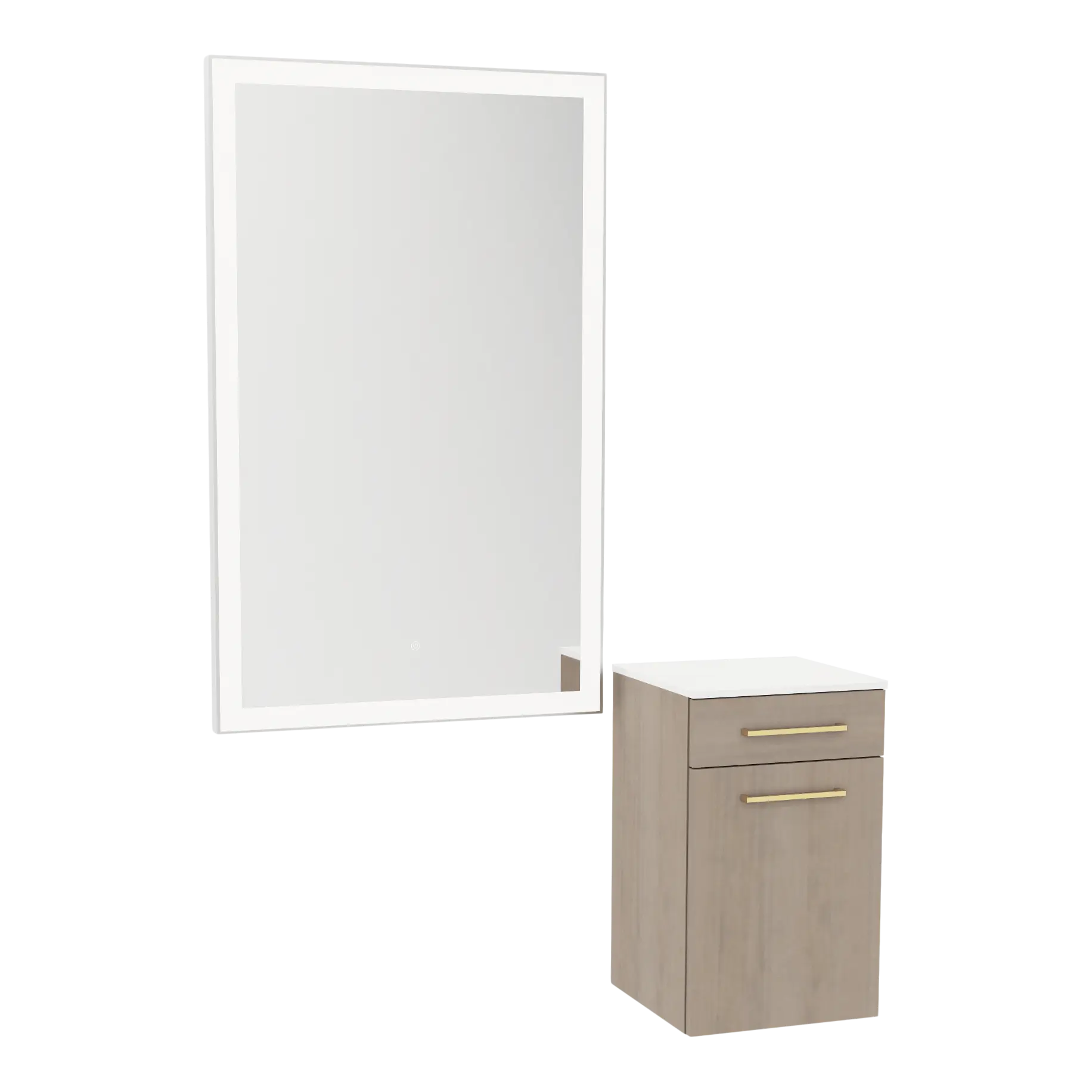 Glo Wall Mount Styling Station with Tilt-out Appliance Holder, Solid Surface Countertop, and Silver Rectangle Glo Mirror