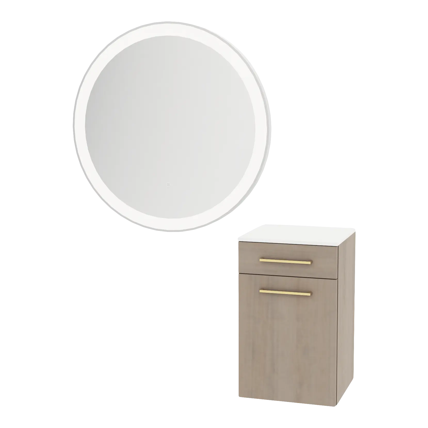 Glo Wall Mount Styling Station with Tilt-out Appliance Holder, Solid Surface Countertop, and Silver Round Glo Mirror