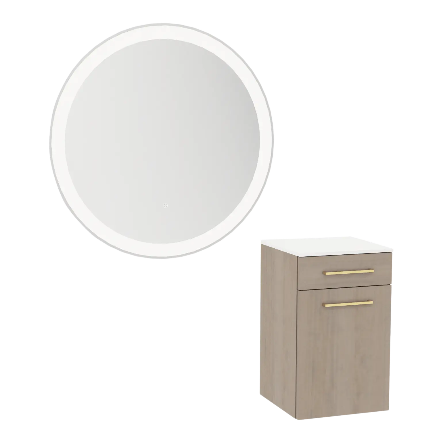 Glo Wall Mount Styling Station with Tilt-out Appliance Holder, Solid Surface Countertop, and Silver Round Glo Mirror
