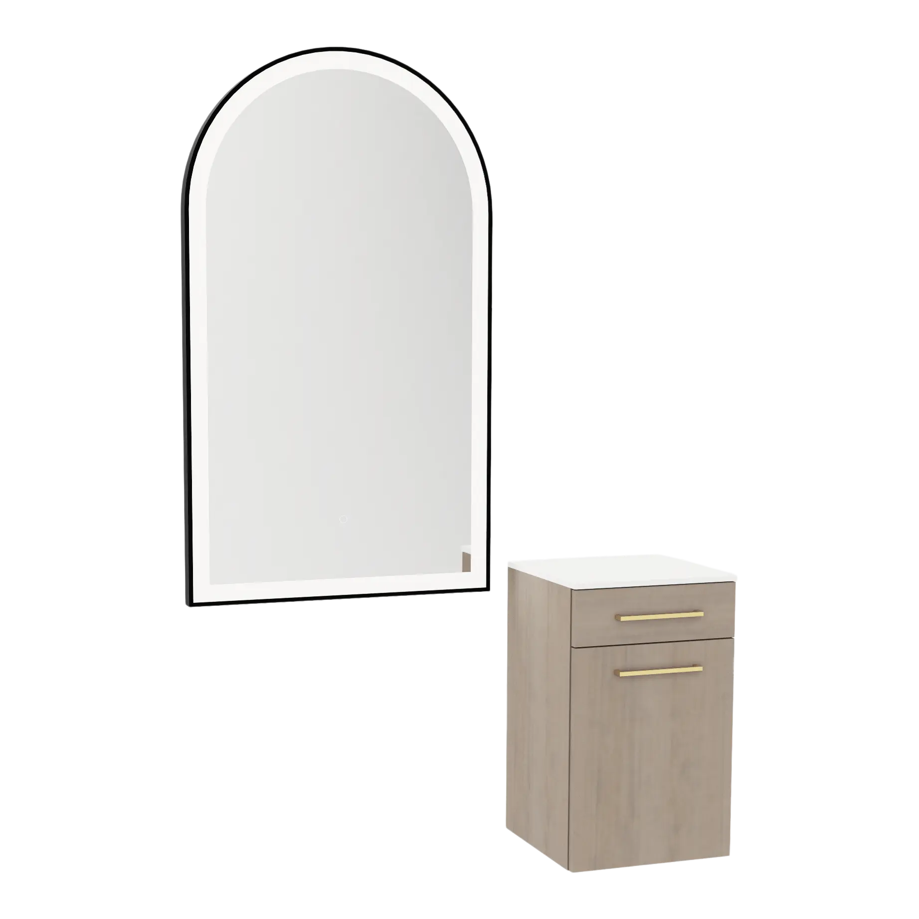 Glo Wall Mount Styling Station with Tilt-out Appliance Holder, Solid Surface Countertop, and Black Arch Paloma Mirror