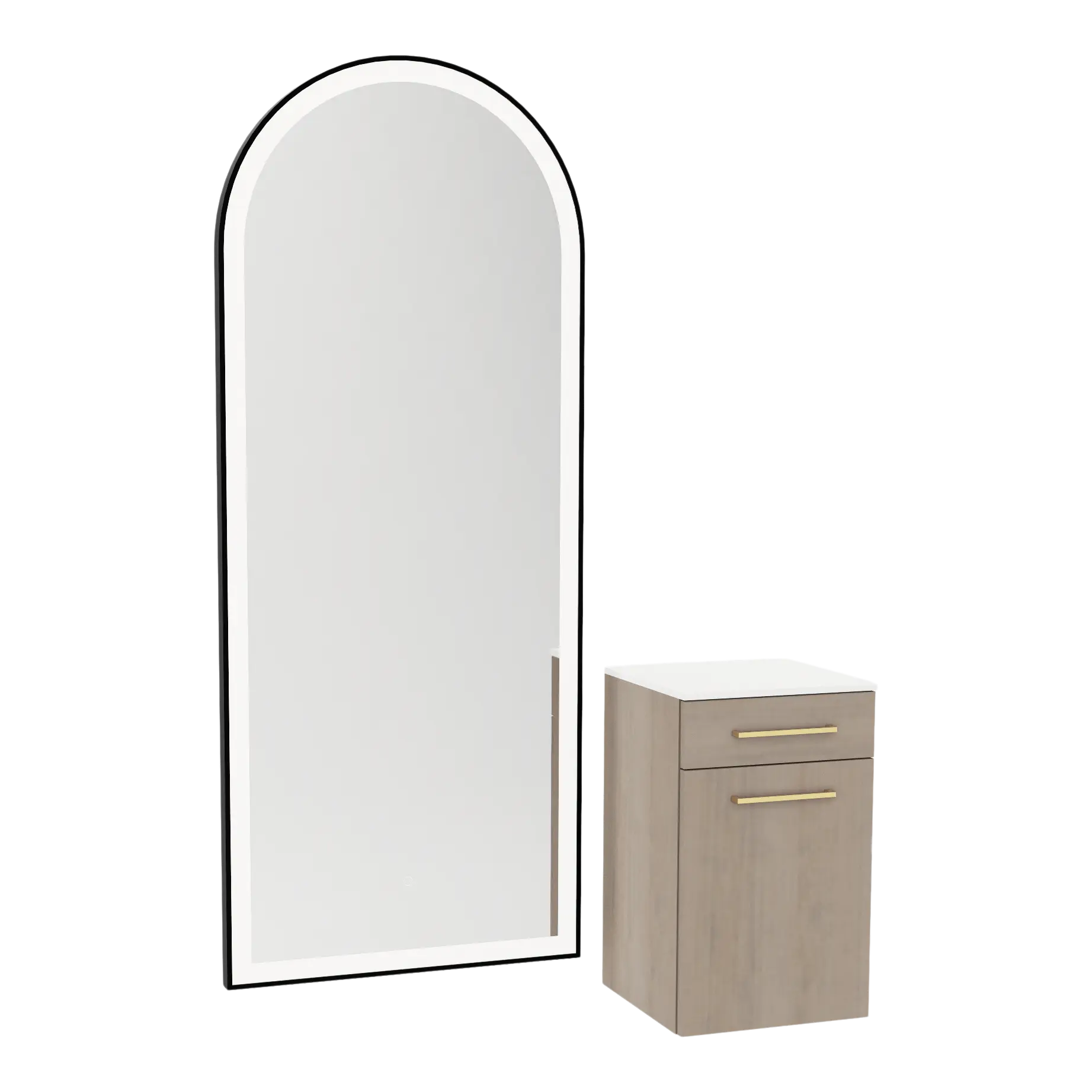 Glo Wall Mount Styling Station with Tilt-out Appliance Holder, Solid Surface Countertop, and Black Full-Length Arch Paloma Mirror