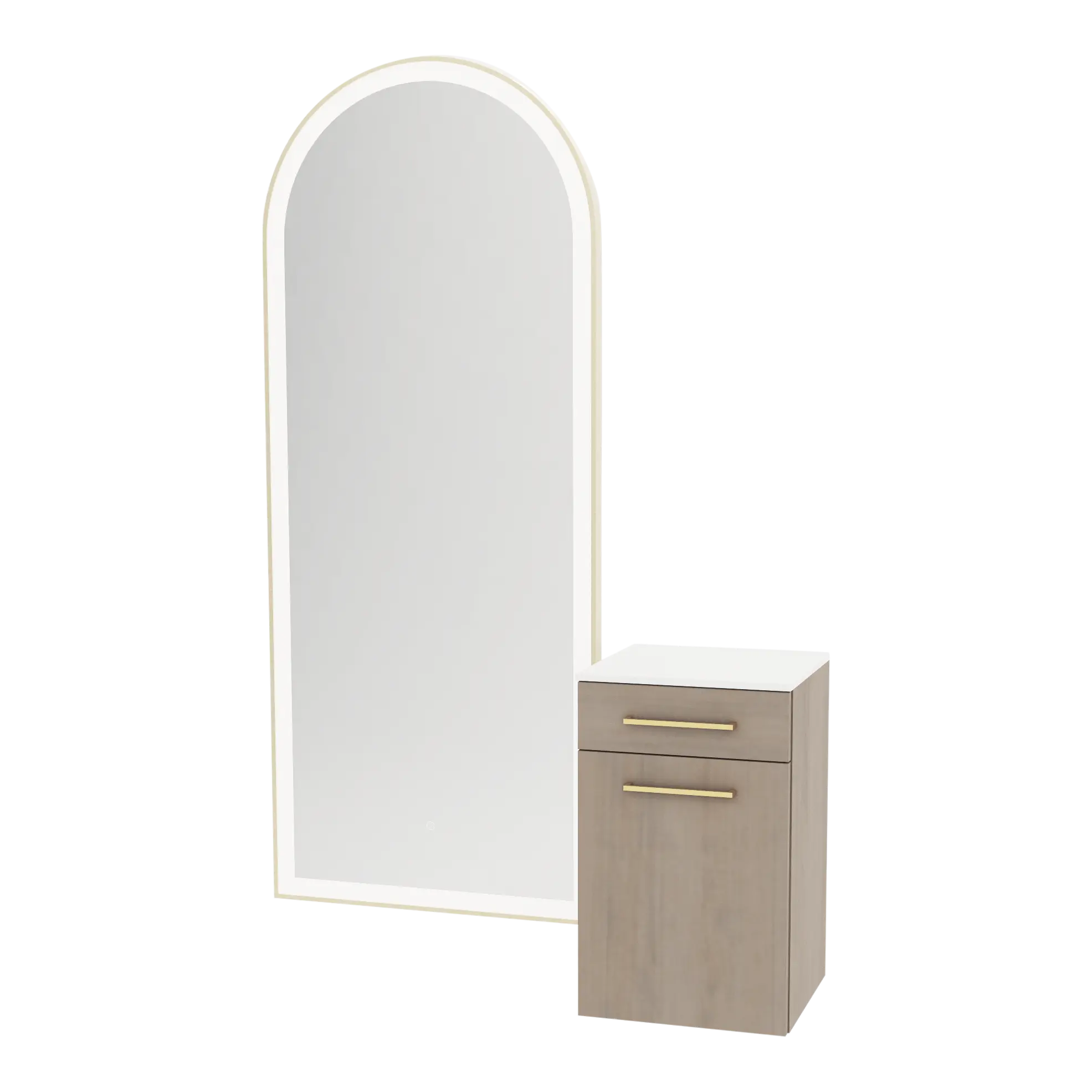Glo Wall Mount Styling Station with Tilt-out Appliance Holder, Solid Surface Countertop, and Gold Full-Length Arch Paloma Mirror