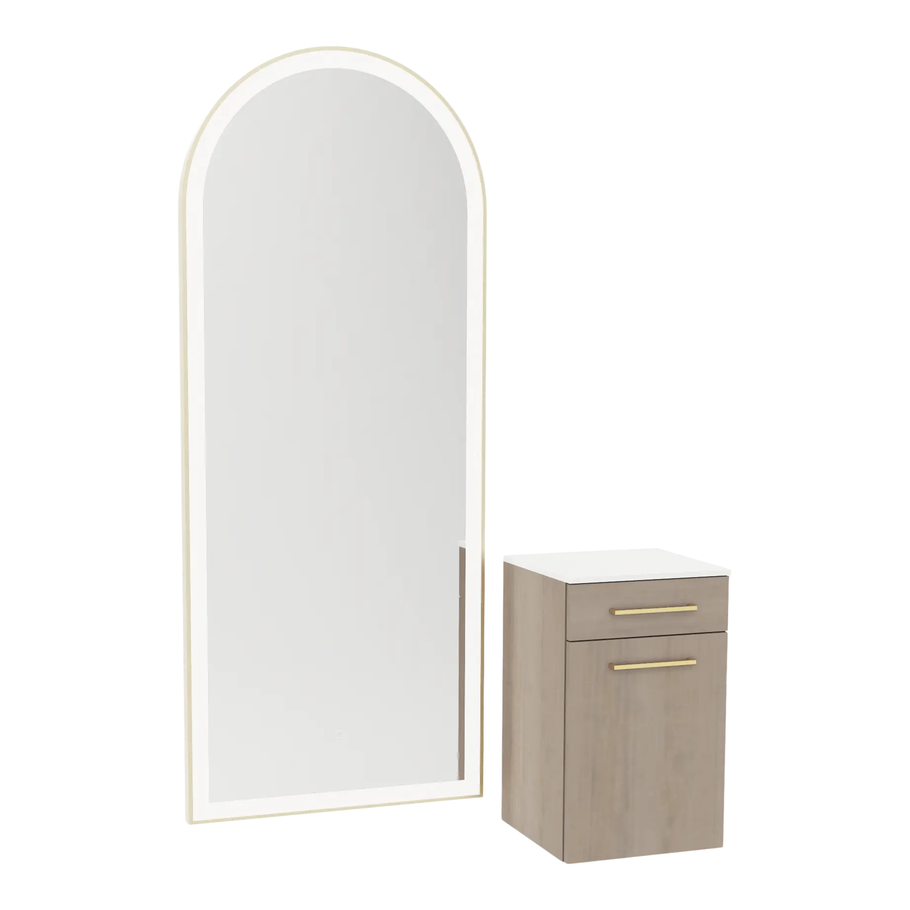 Glo Wall Mount Styling Station with Tilt-out Appliance Holder, Solid Surface Countertop, and Gold Full-Length Arch Paloma Mirror