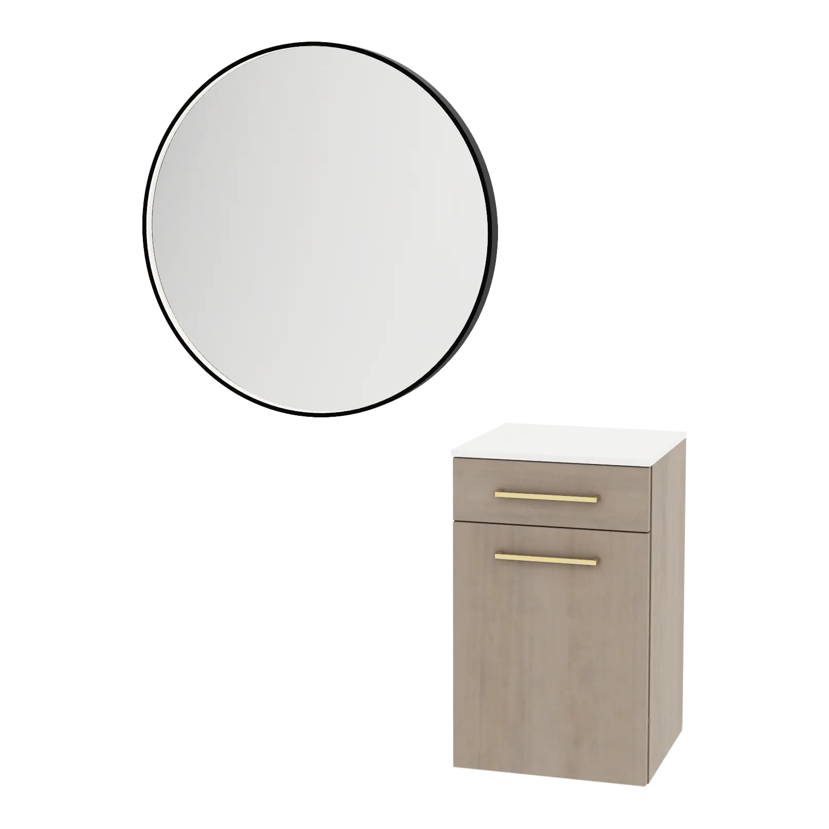 Glo Wall Mount Styling Station with Tilt-out Appliance Holder, Solid Surface Countertop, and Black Round Westin Mirror