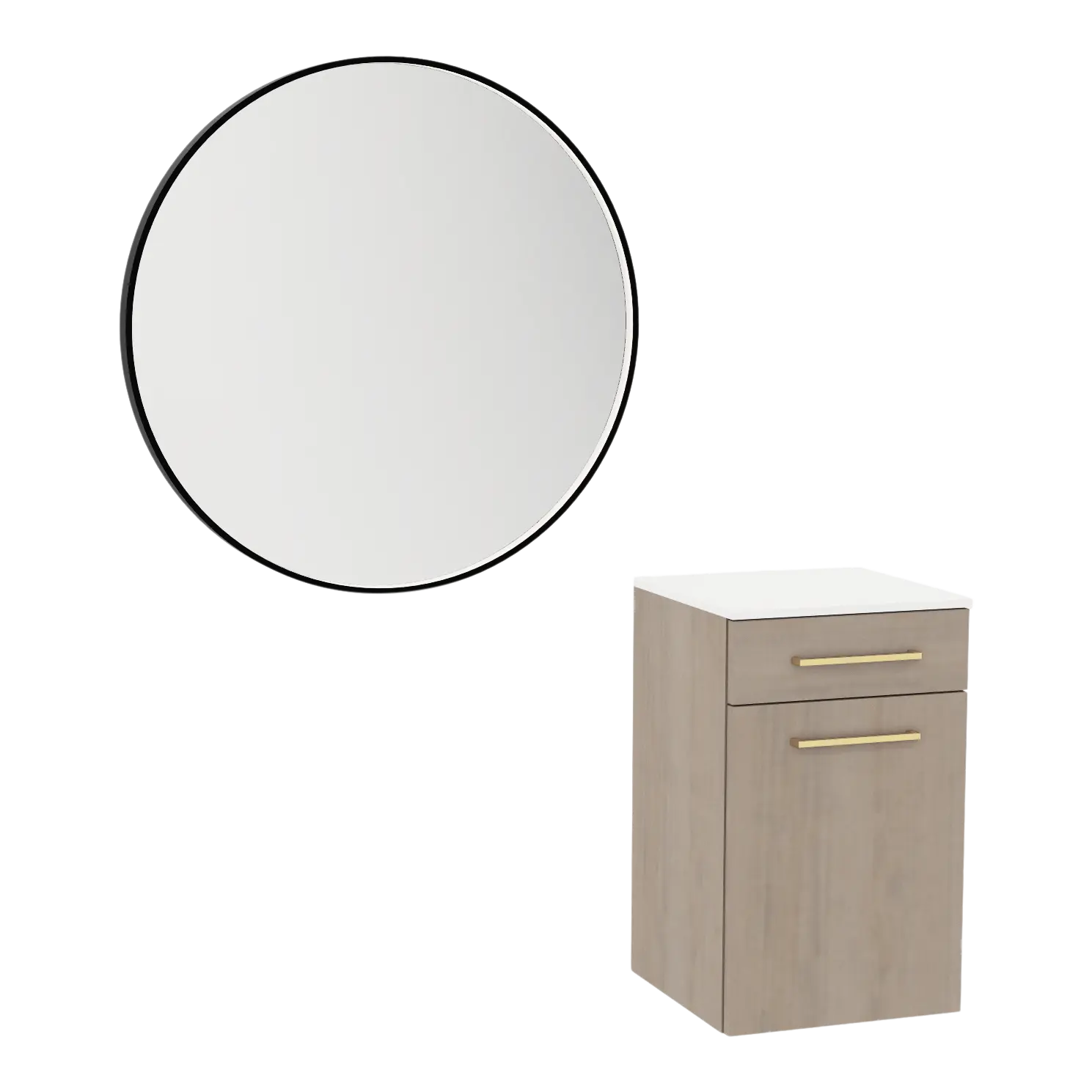 Glo Wall Mount Styling Station with Tilt-out Appliance Holder, Solid Surface Countertop, and Black Round Westin Mirror