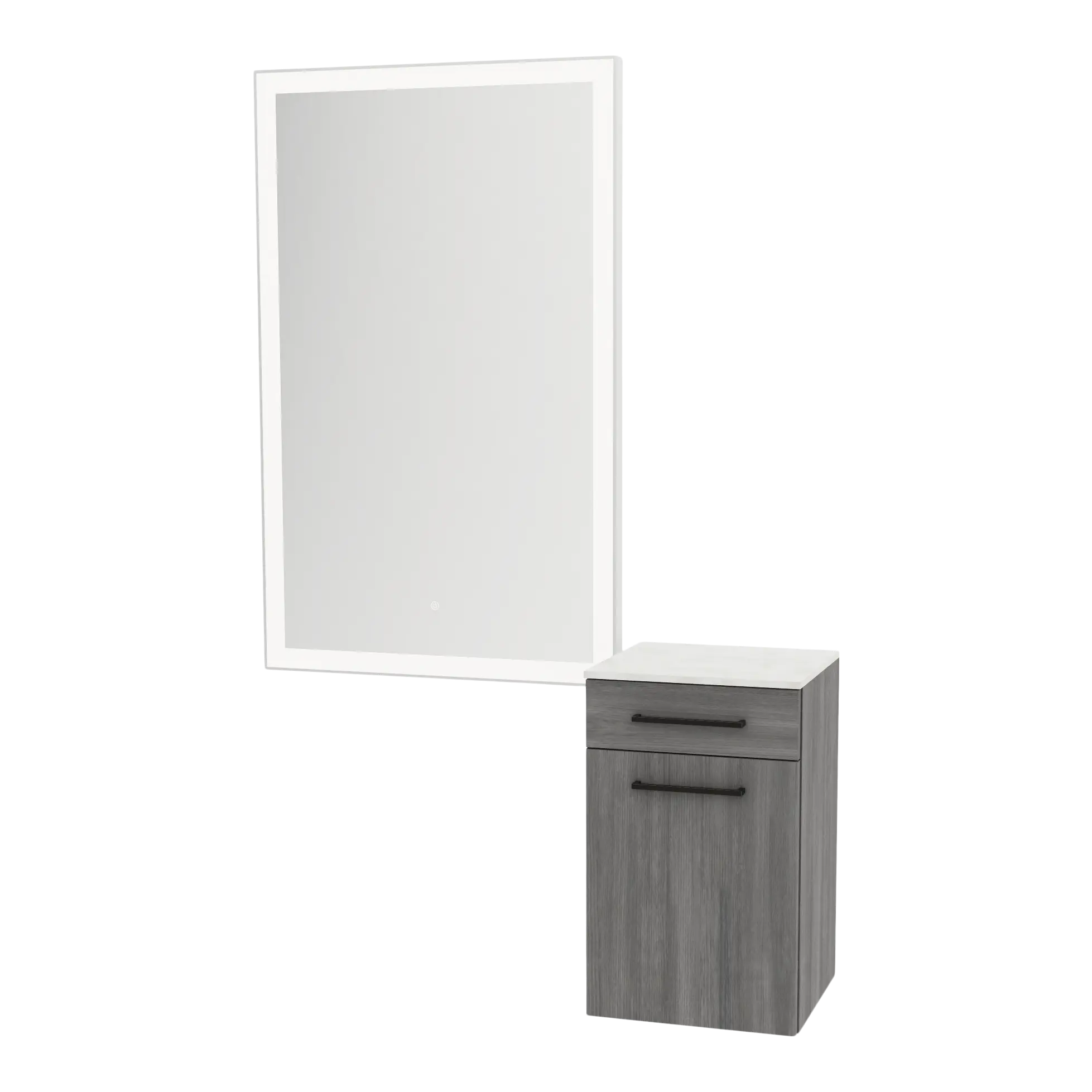 Glo Wall Mount Styling Station with Tilt-out Appliance Holder, Solid Surface Countertop, and Silver Rectangle Glo Mirror
