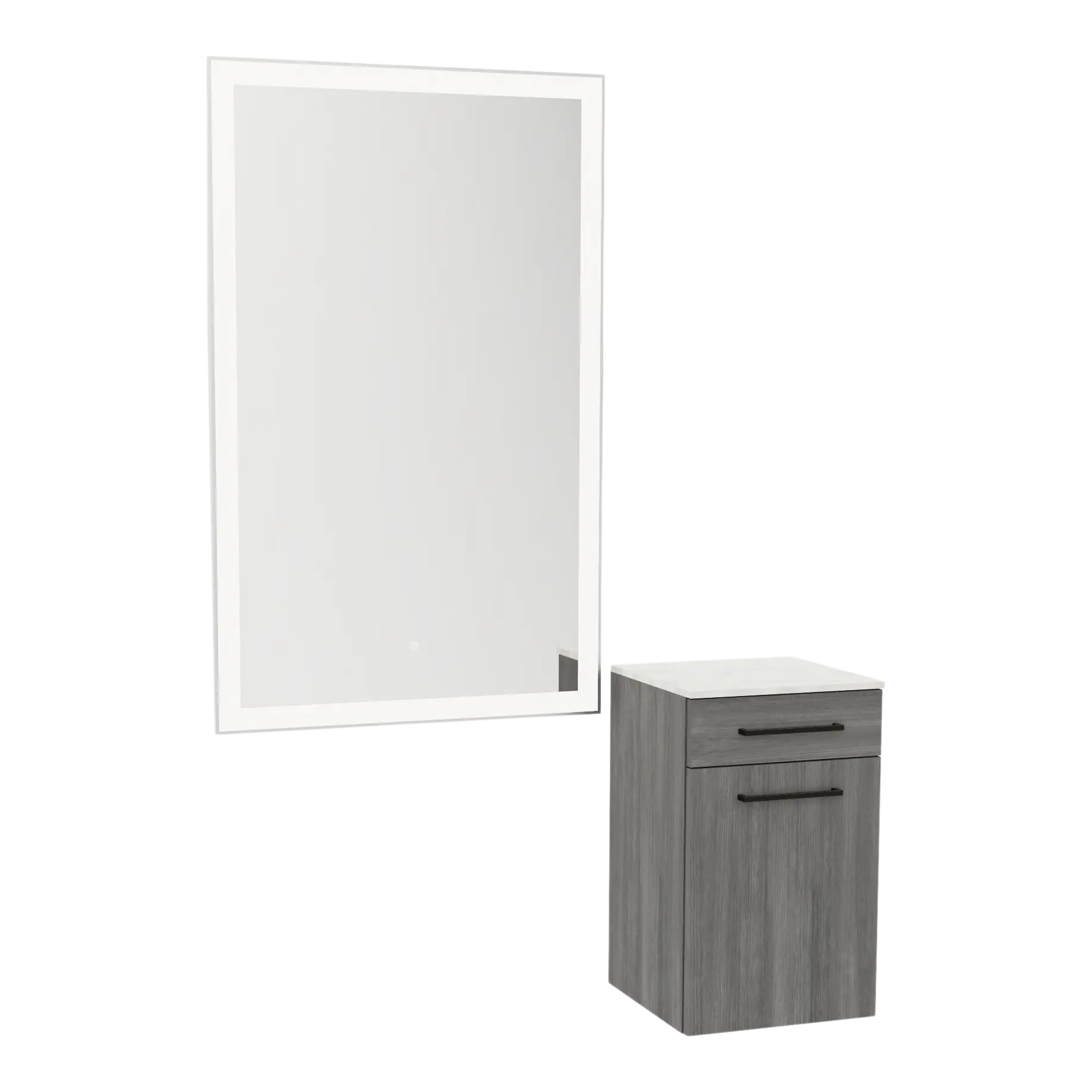 Glo Wall Mount Styling Station with Tilt-out Appliance Holder, Solid Surface Countertop, and Silver Rectangle Glo Mirror