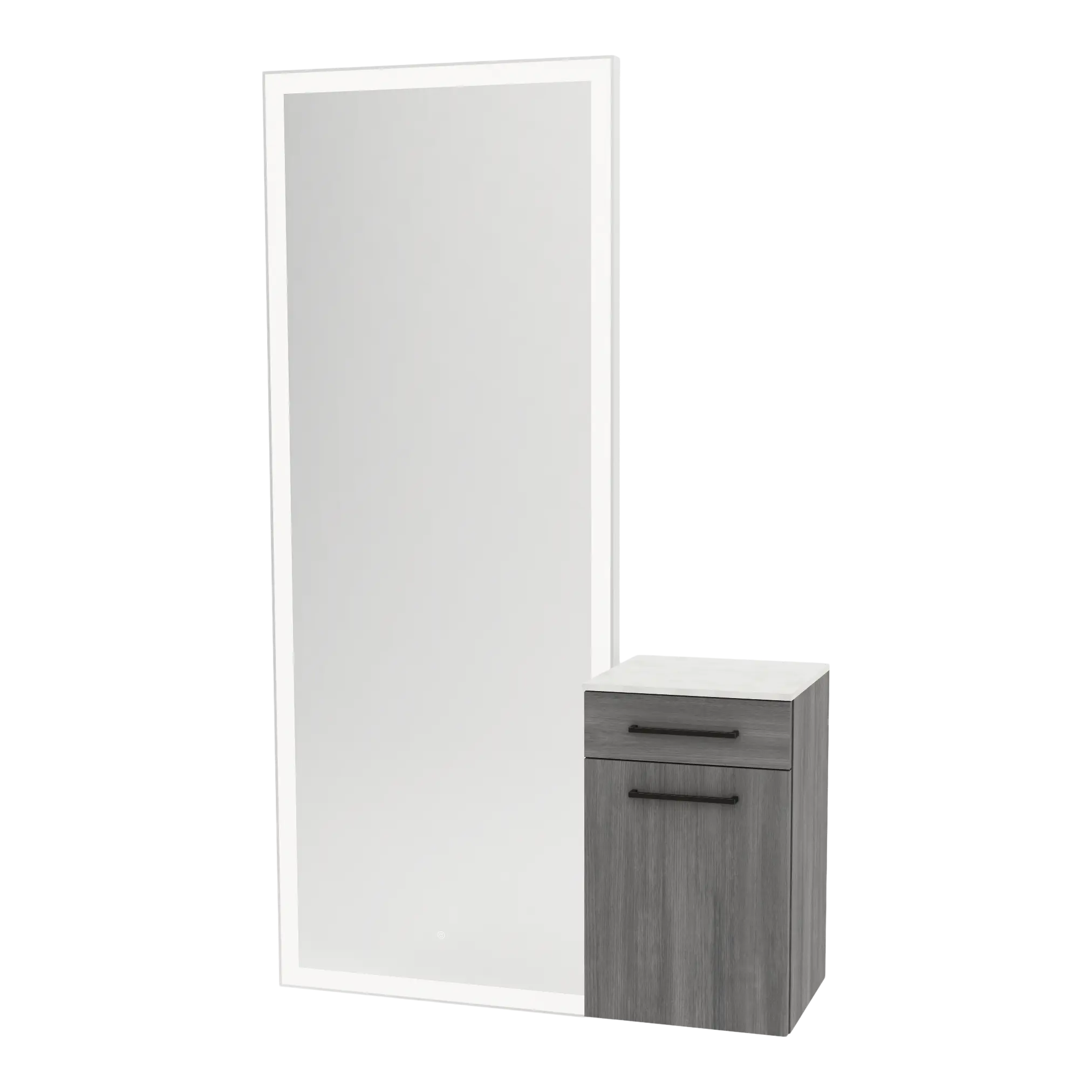 Glo Wall Mount Styling Station with Tilt-out Appliance Holder, Solid Surface Countertop, and Silver Full-Length Rectangle Glo Mirror