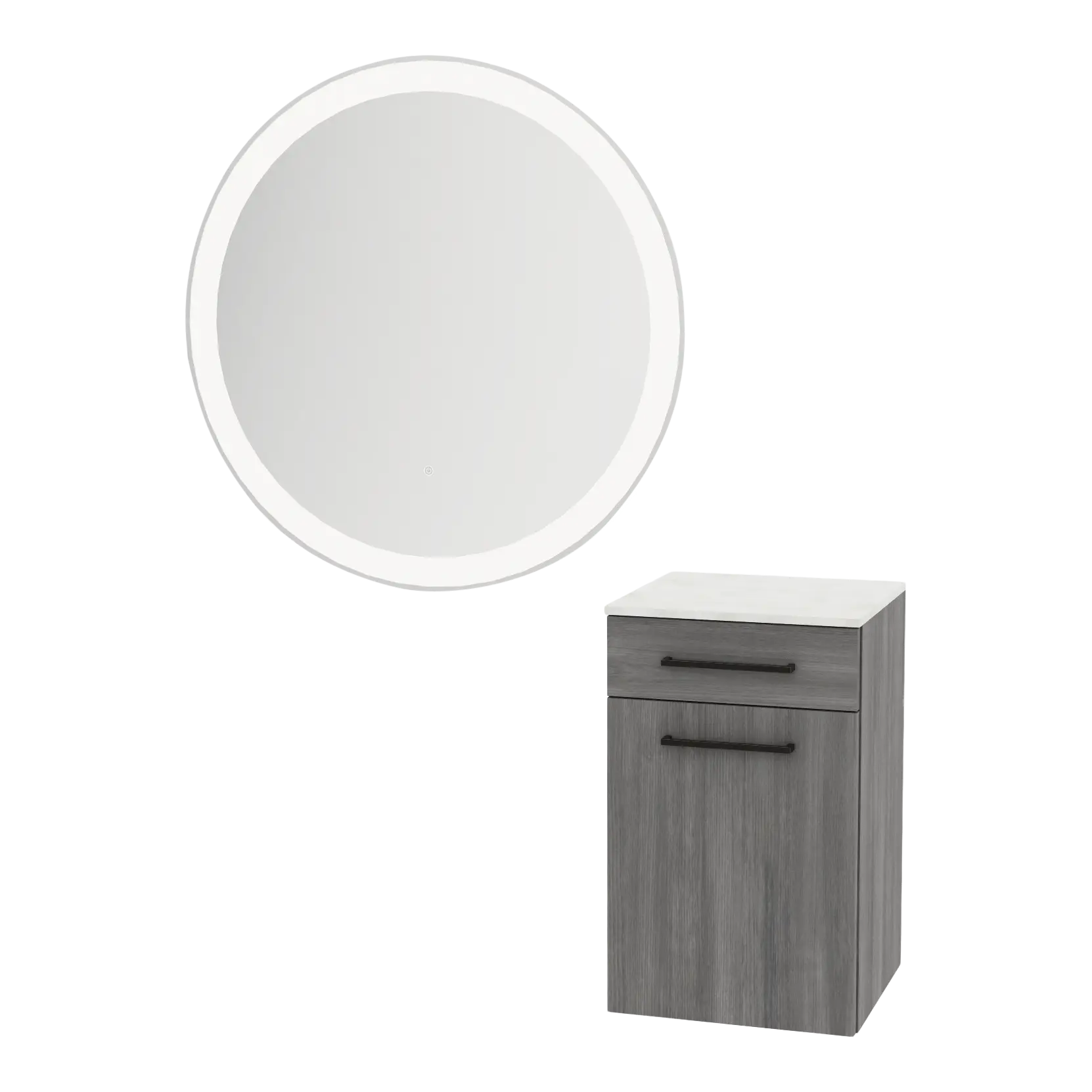 Glo Wall Mount Styling Station with Tilt-out Appliance Holder, Solid Surface Countertop, and Silver Round Glo Mirror