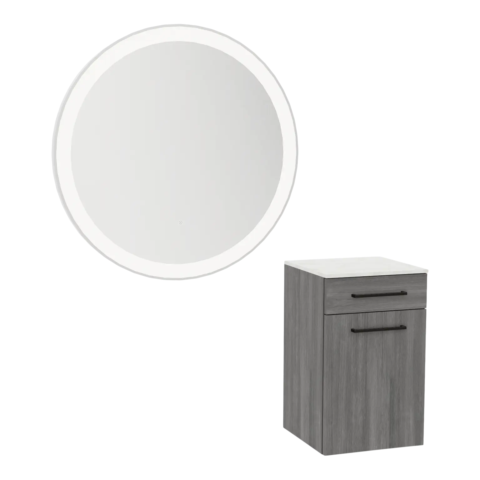 Glo Wall Mount Styling Station with Tilt-out Appliance Holder, Solid Surface Countertop, and Silver Round Glo Mirror