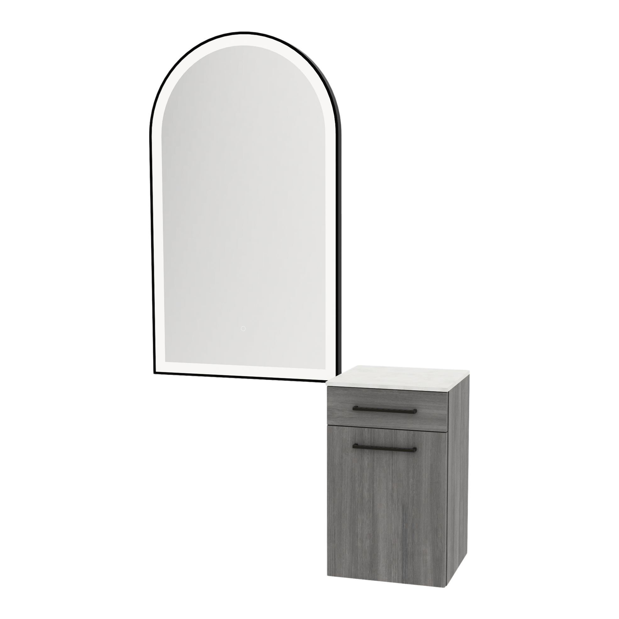 Glo Wall Mount Styling Station with Tilt-out Appliance Holder, Solid Surface Countertop, and Black Arch Paloma Mirror