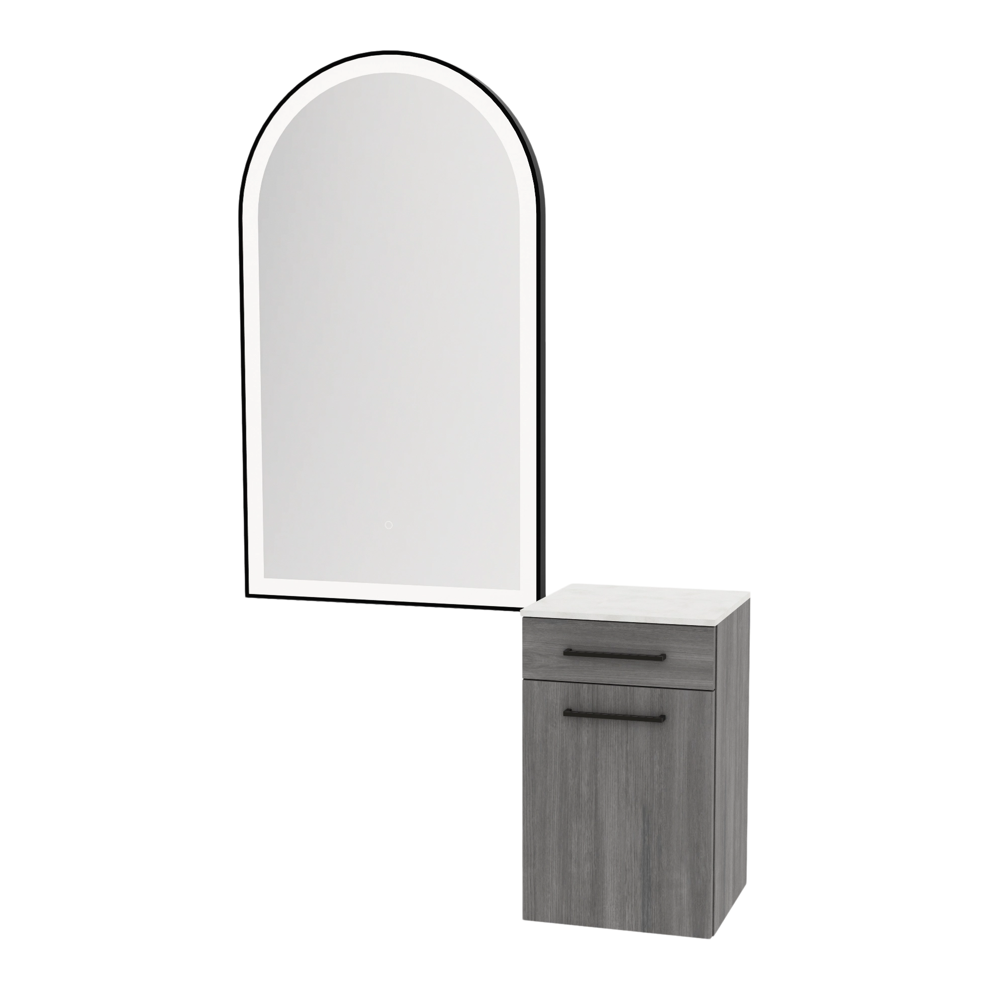 Glo Wall Mount Styling Station with Tilt-out Appliance Holder, Solid Surface Countertop, and Black Arch Paloma Mirror