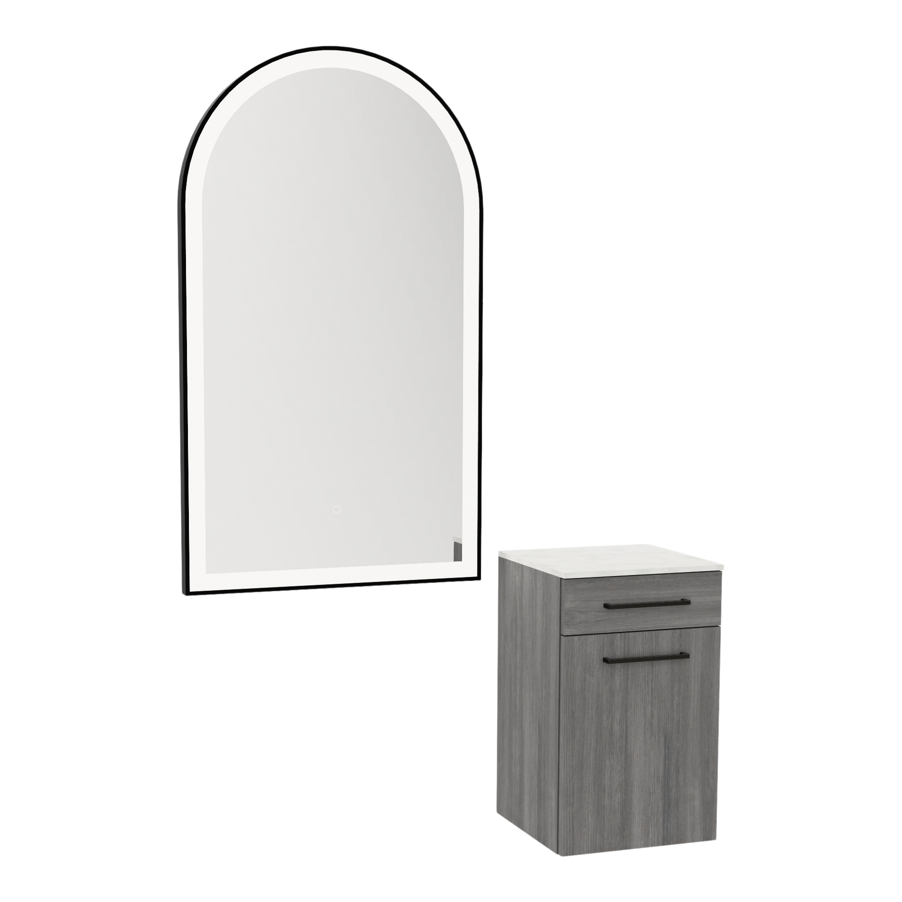 Glo Wall Mount Styling Station with Tilt-out Appliance Holder, Solid Surface Countertop, and Black Arch Paloma Mirror