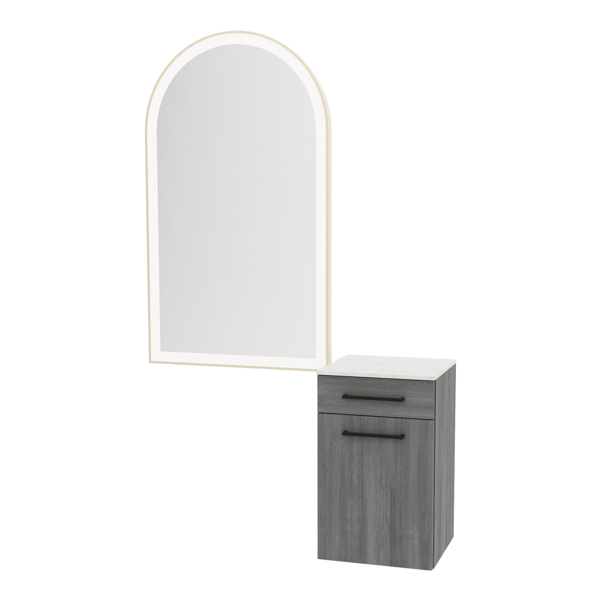 Glo Wall Mount Styling Station with Tilt-out Appliance Holder, Solid Surface Countertop, and Gold Arch Paloma Mirror