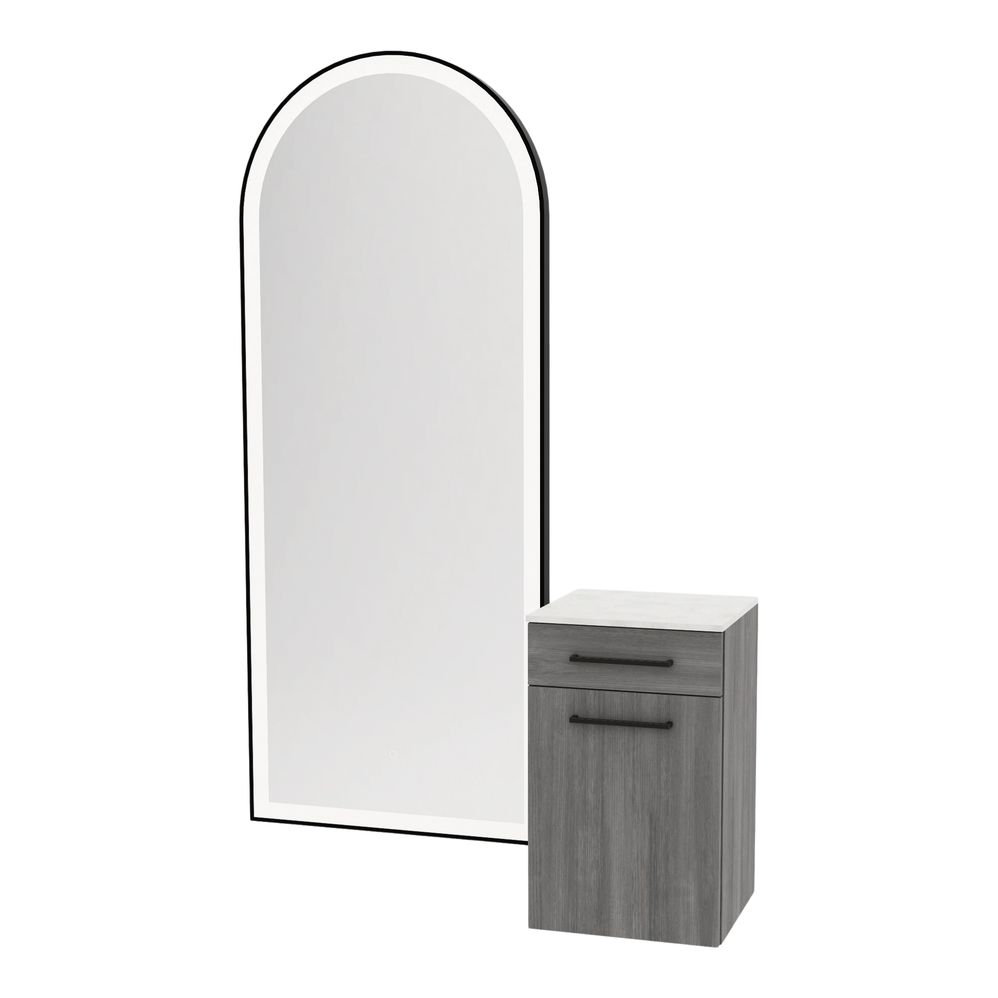 Glo Wall Mount Styling Station with Tilt-out Appliance Holder, Solid Surface Countertop, and Black Full-Length Arch Paloma Mirror