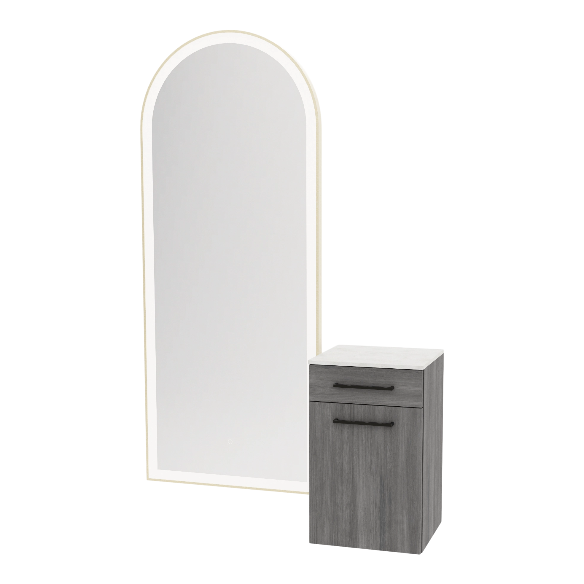 Glo Wall Mount Styling Station with Tilt-out Appliance Holder, Solid Surface Countertop, and Gold Full-Length Arch Paloma Mirror