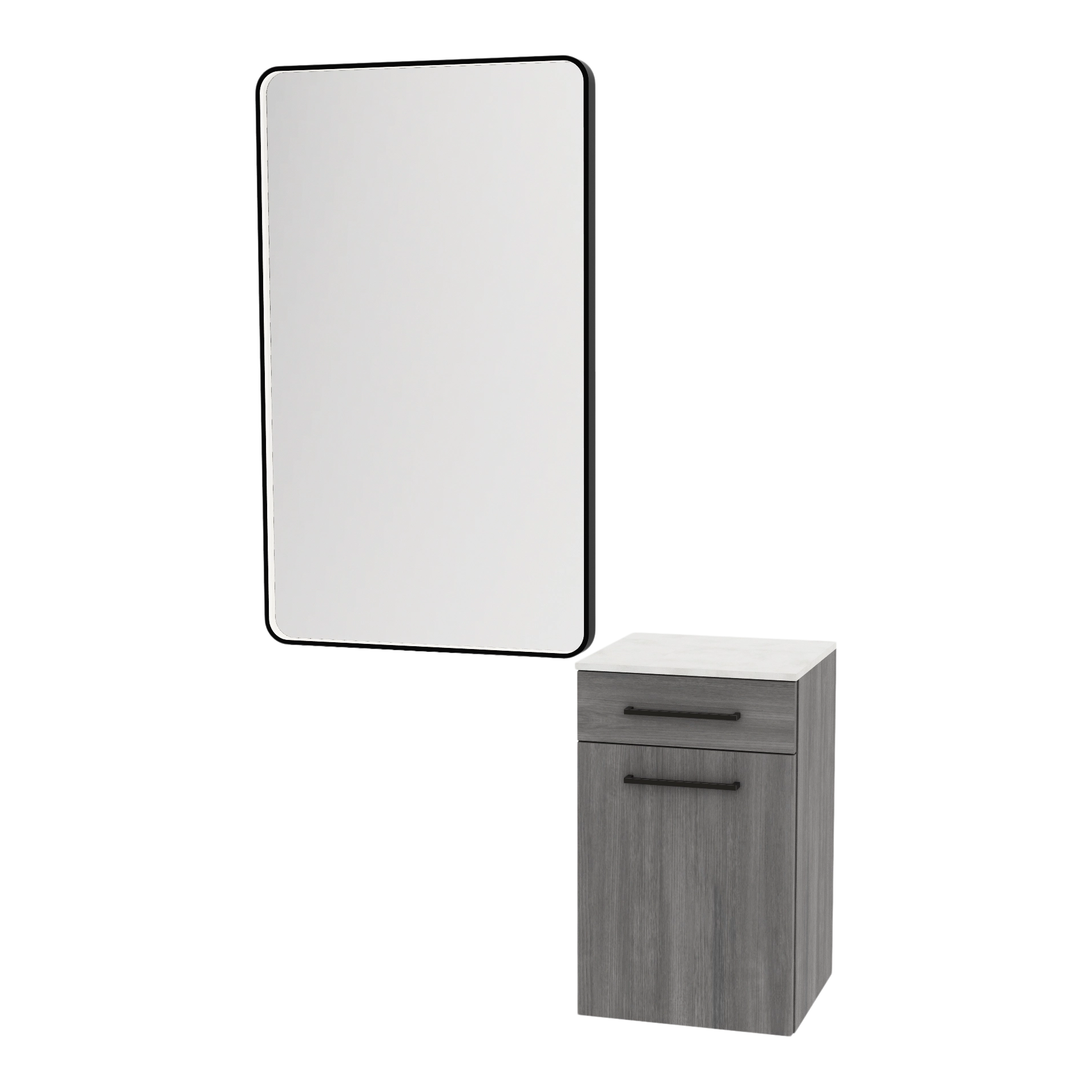 Glo Laminate Wall Mount Styling Station with Solid Surface Countertop, Tilt-Out Appliance Holder, and Westin Rectangle Mirror