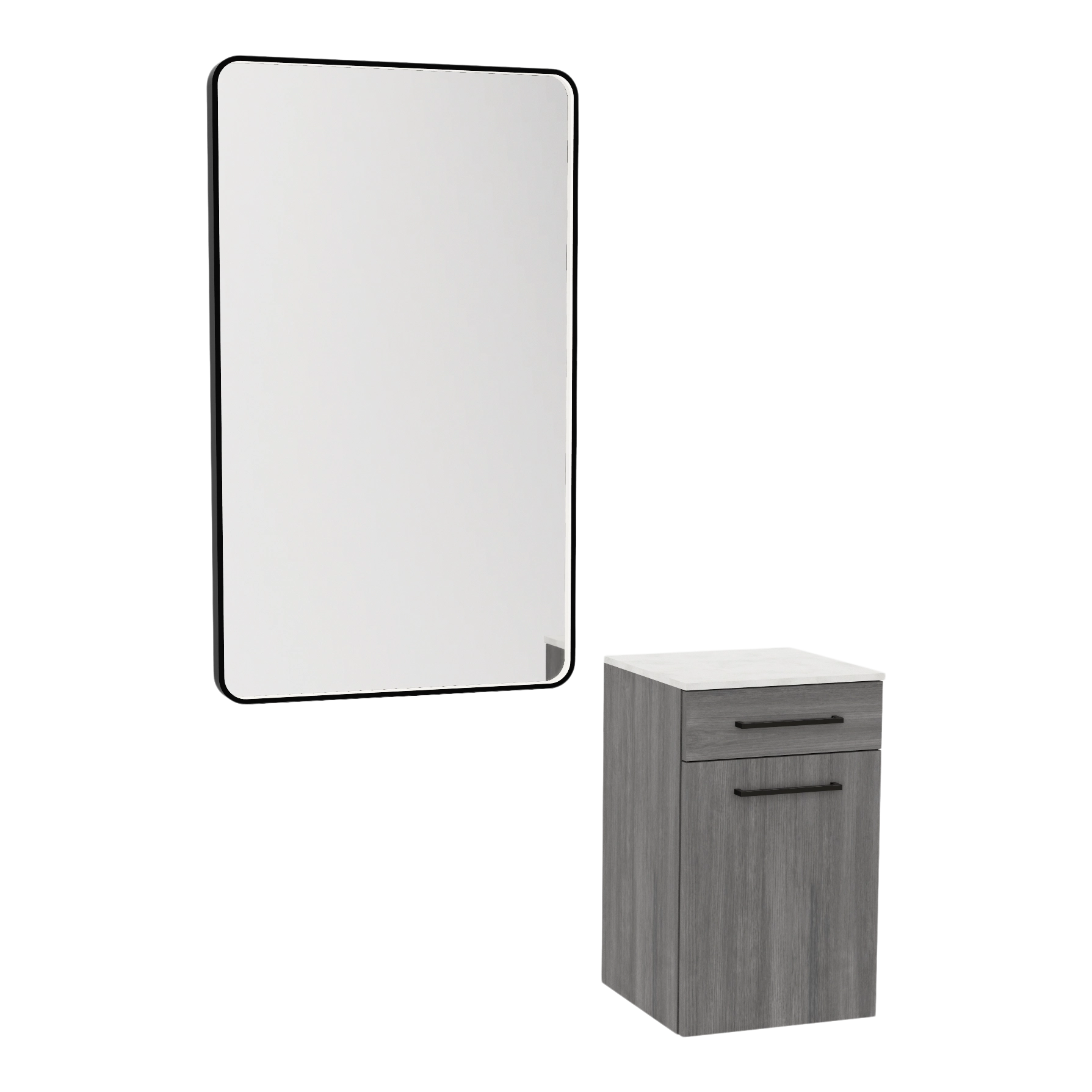 Glo Laminate Wall Mount Styling Station with Solid Surface Countertop, Tilt-Out Appliance Holder, and Westin Rectangle Mirror