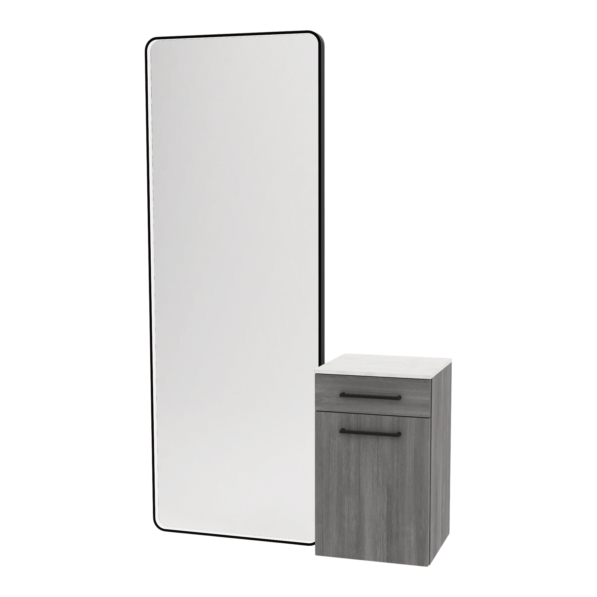 Glo Wall Mount Styling Station with Tilt-out Appliance Holder, Solid Surface Countertop, and Black Full-Length Rectangle Westin Mirror