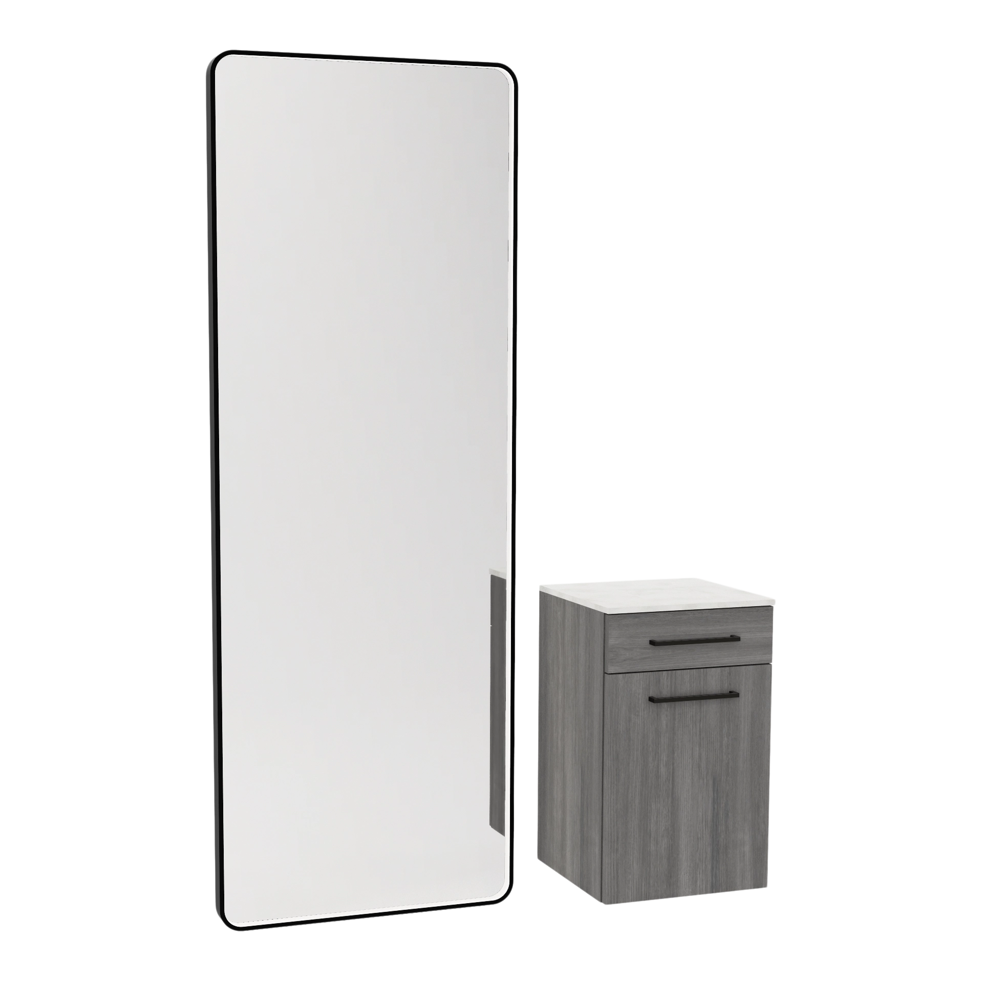 Glo Wall Mount Styling Station with Tilt-out Appliance Holder, Solid Surface Countertop, and Black Full-Length Rectangle Westin Mirror