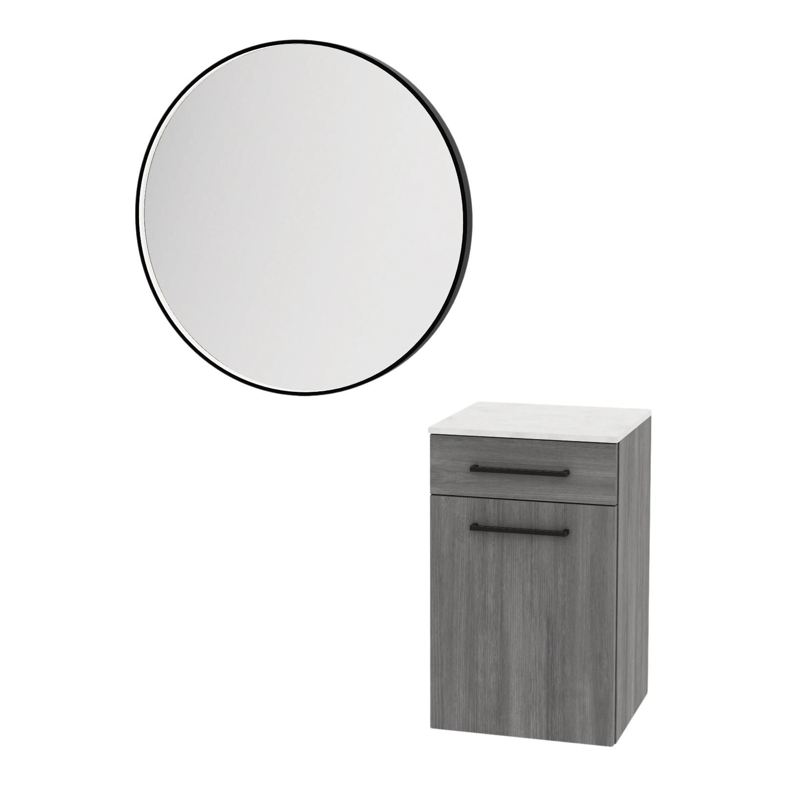 Glo Wall Mount Styling Station with Tilt-out Appliance Holder, Solid Surface Countertop, and Black Round Westin Mirror