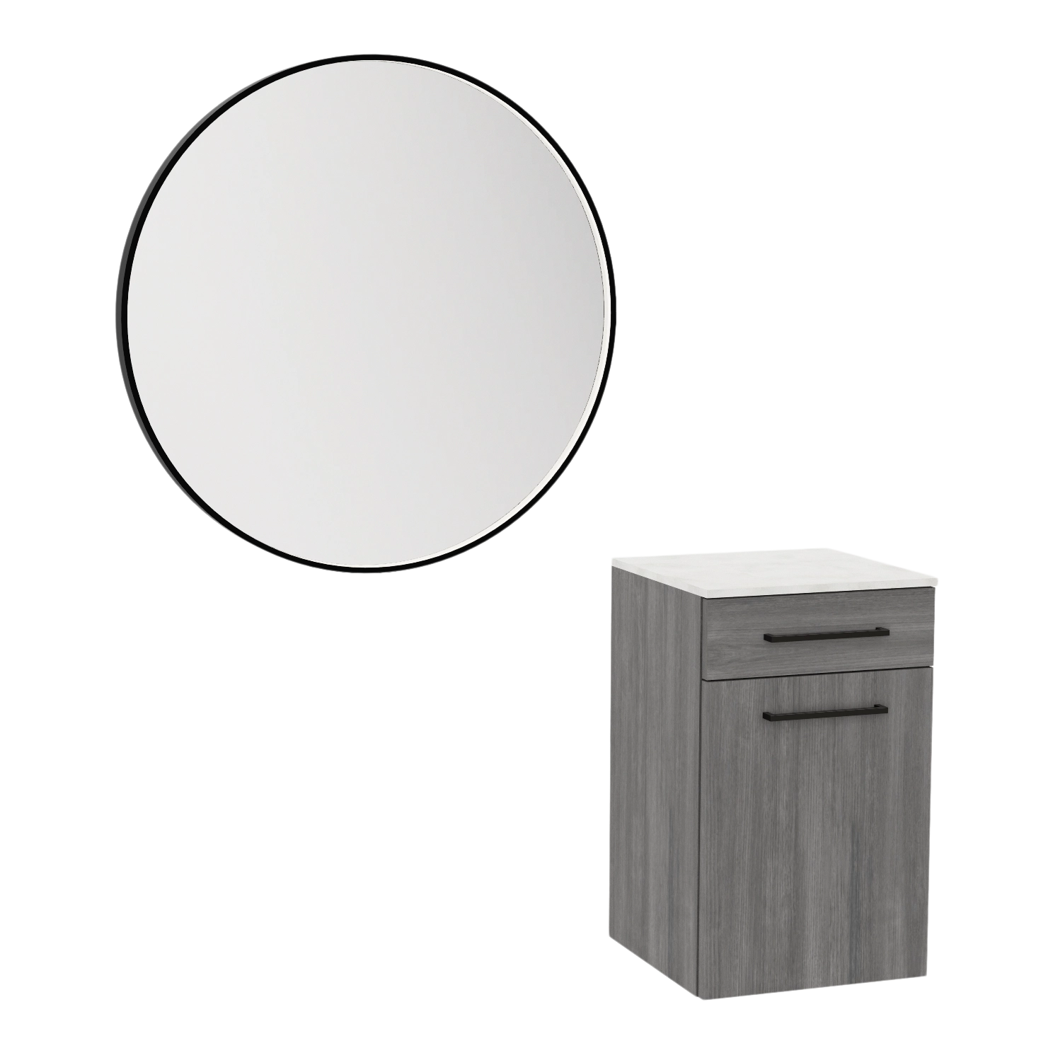 Glo Wall Mount Styling Station with Tilt-out Appliance Holder, Solid Surface Countertop, and Black Round Westin Mirror