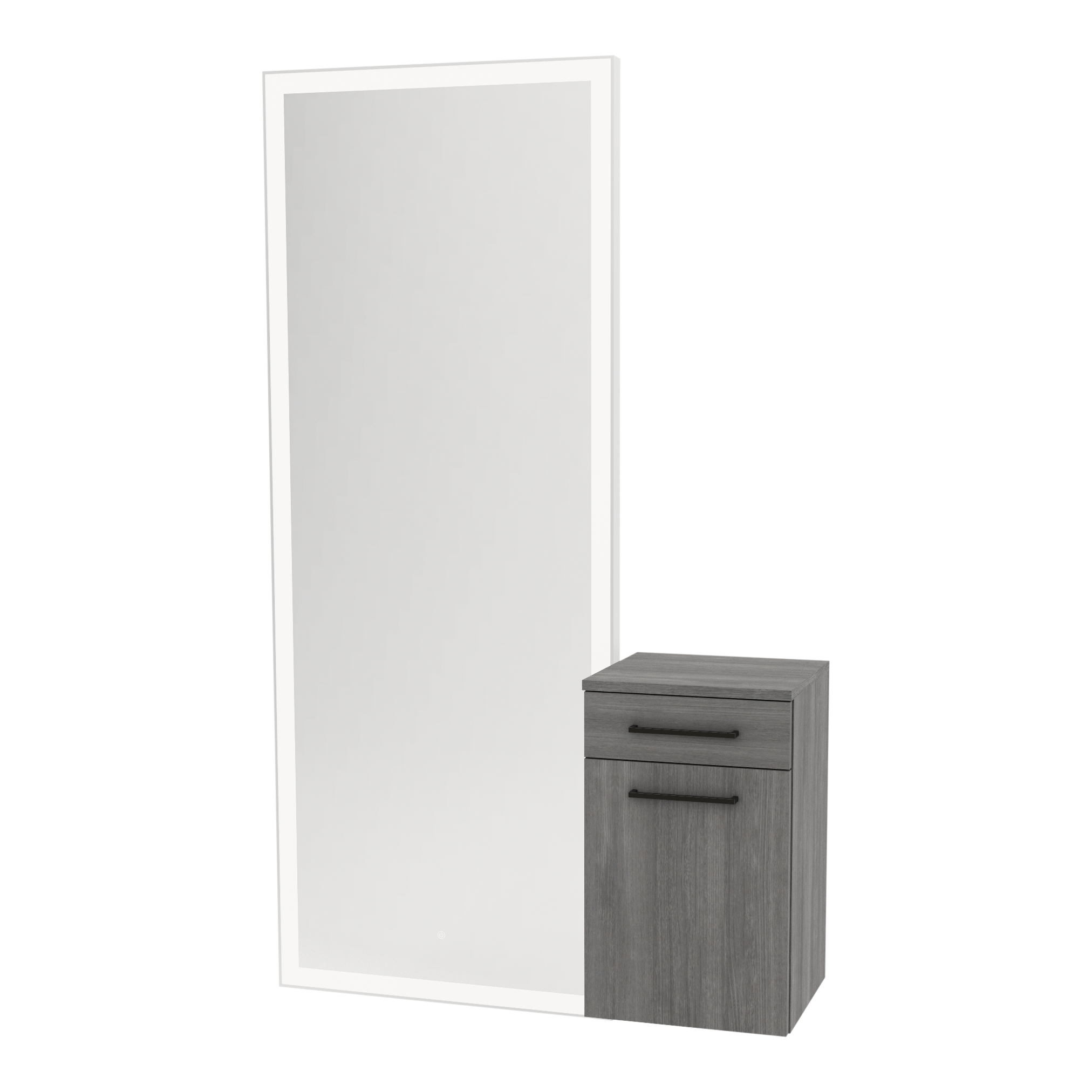 Glo Wall Mount Styling Station with Tilt-out Appliance Holder and Silver Full-Length Rectangle Glo Mirror