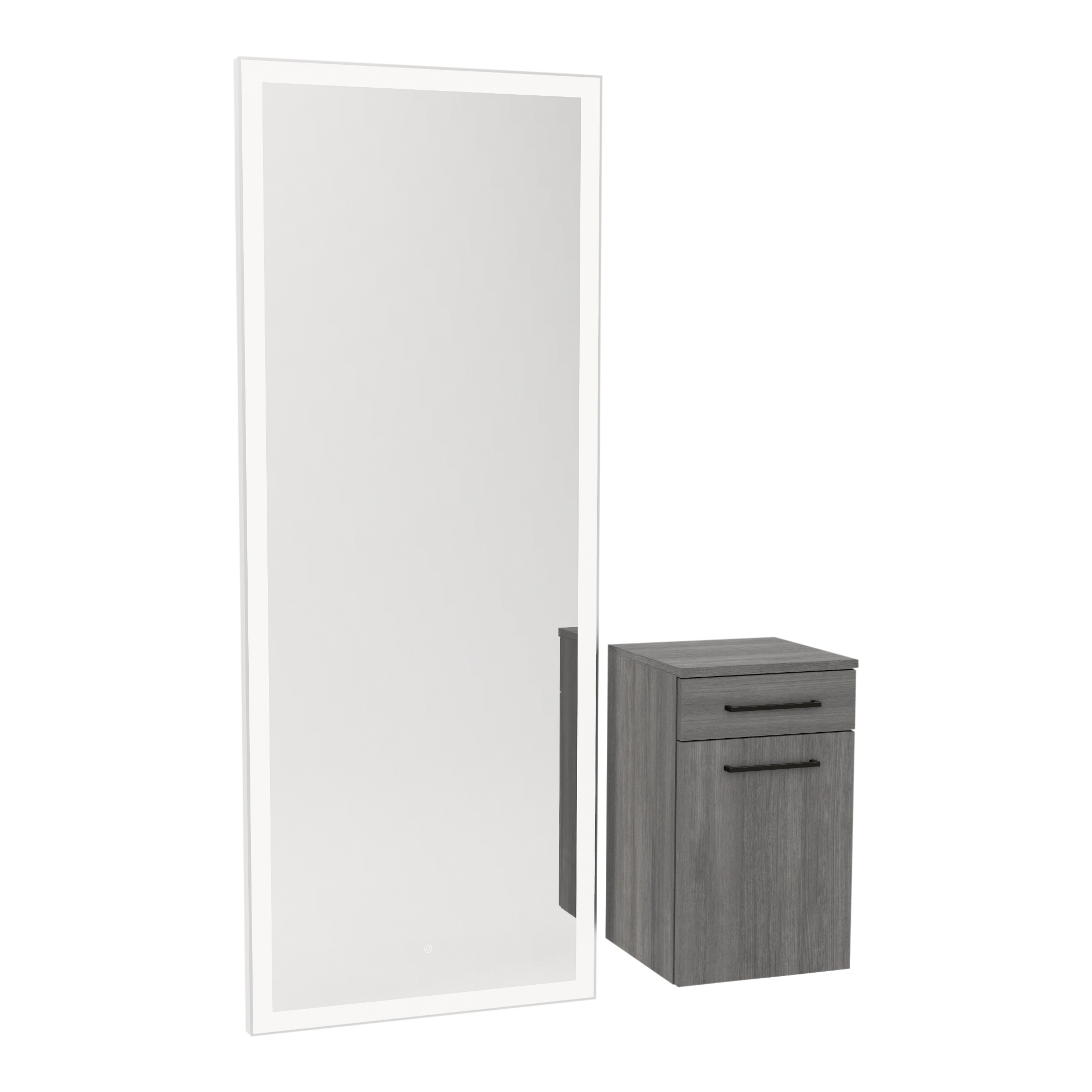 Glo Wall Mount Styling Station with Tilt-out Appliance Holder and Silver Full-Length Rectangle Glo Mirror