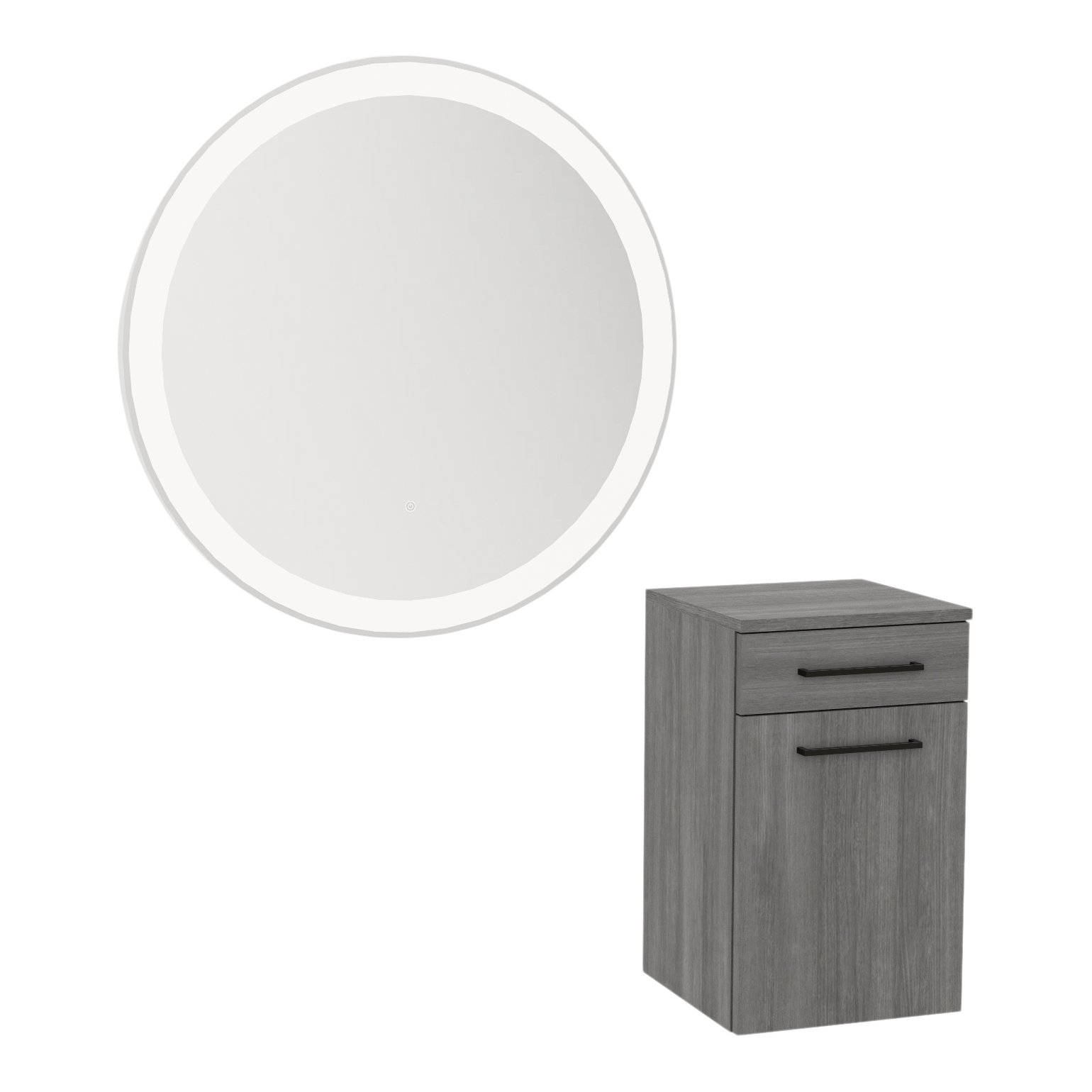 Glo Wall Mount Styling Station with Tilt-out Appliance Holder and Silver Round Glo Mirror