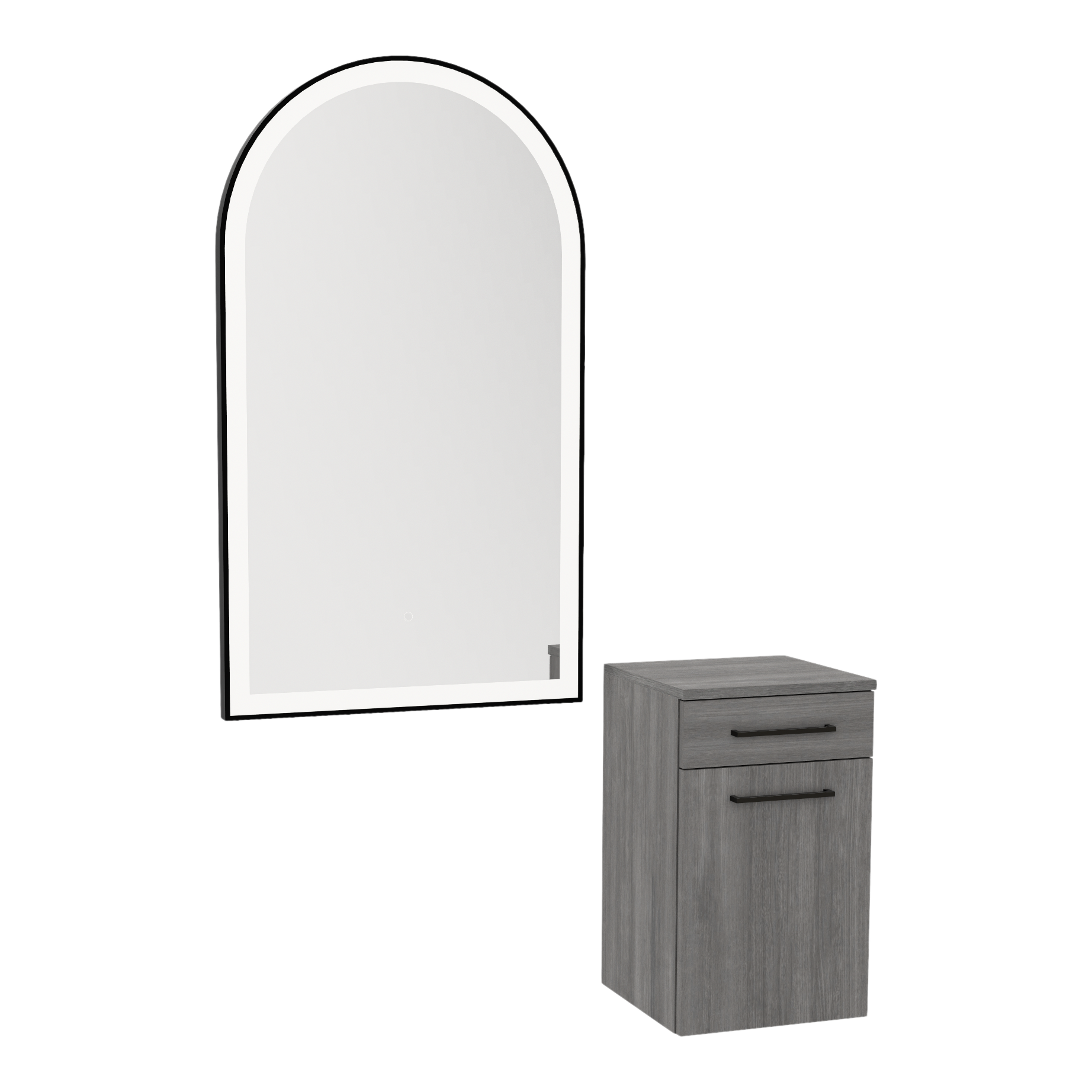 Glo Wall Mount Styling Station with Tilt-out Appliance Holder and Black Arch Paloma Mirror