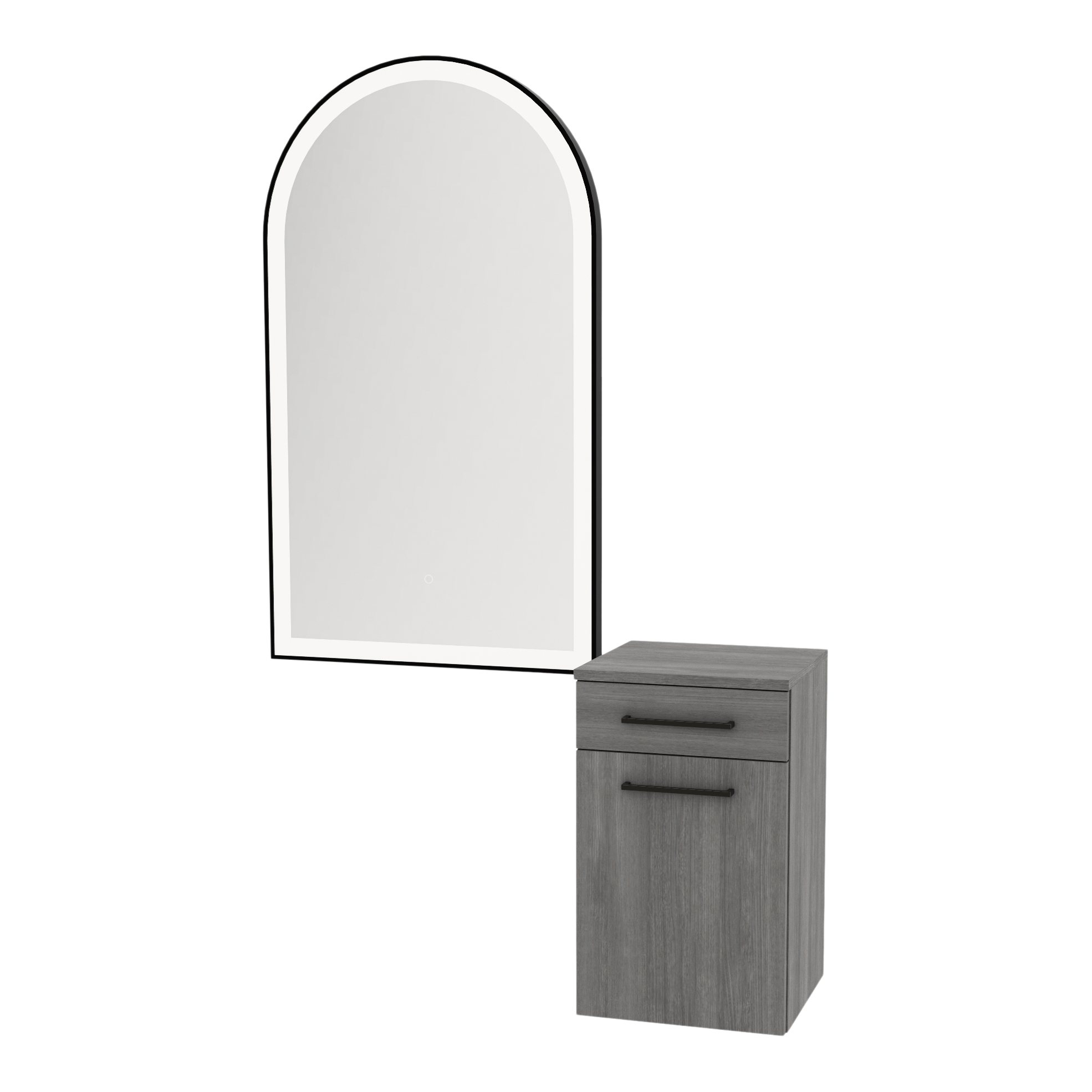 Glo Wall Mount Styling Station with Tilt-out Appliance Holder and Black Arch Paloma Mirror