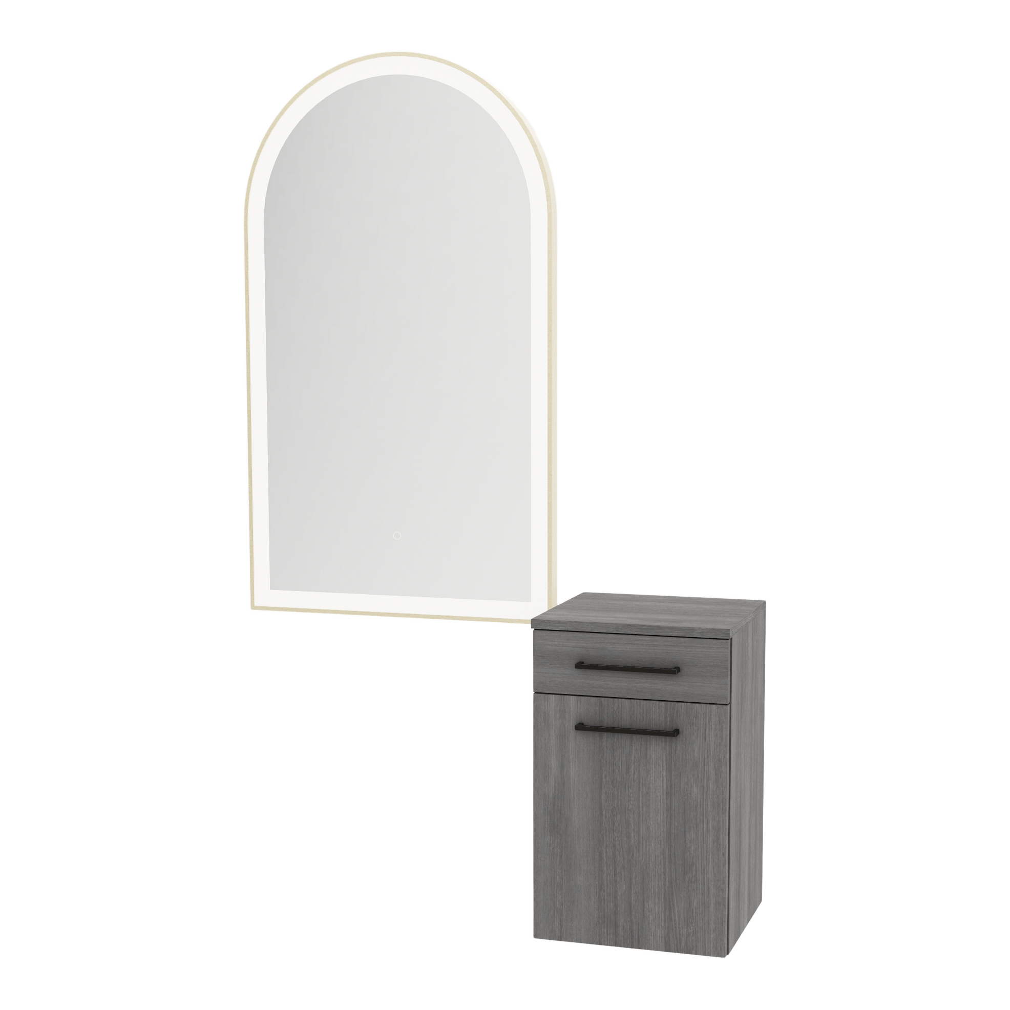 Glo Wall Mount Styling Station with Tilt-out Appliance Holder and Gold Arch Paloma Mirror