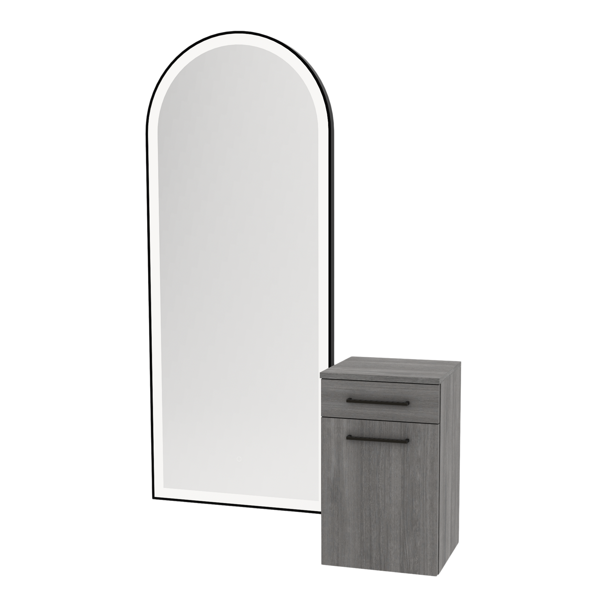 Glo Wall Mount Styling Station with Tilt-out Appliance Holder and Black Full-Length Arch Paloma Mirror