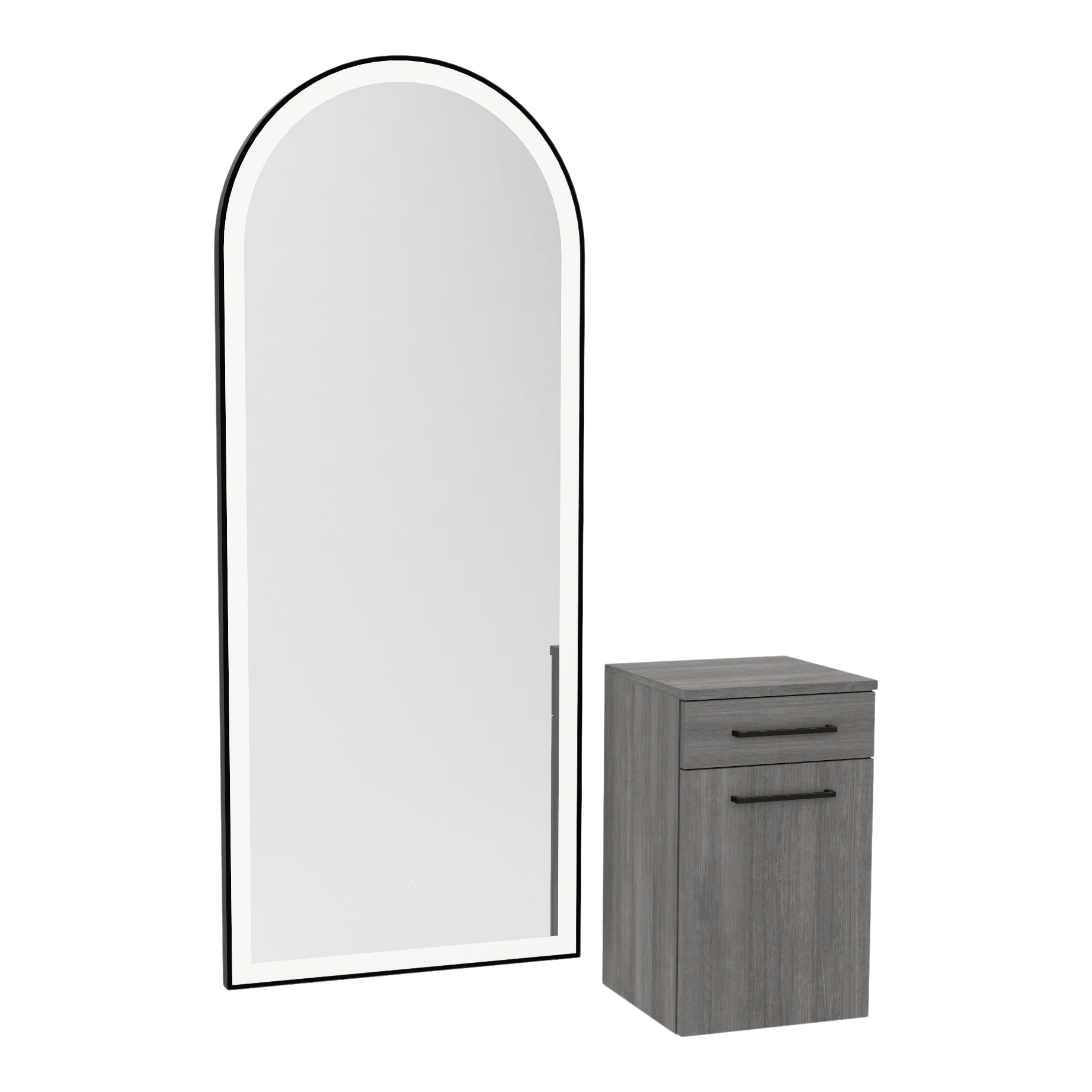 Glo Wall Mount Styling Station with Tilt-out Appliance Holder and Black Full-Length Arch Paloma Mirror