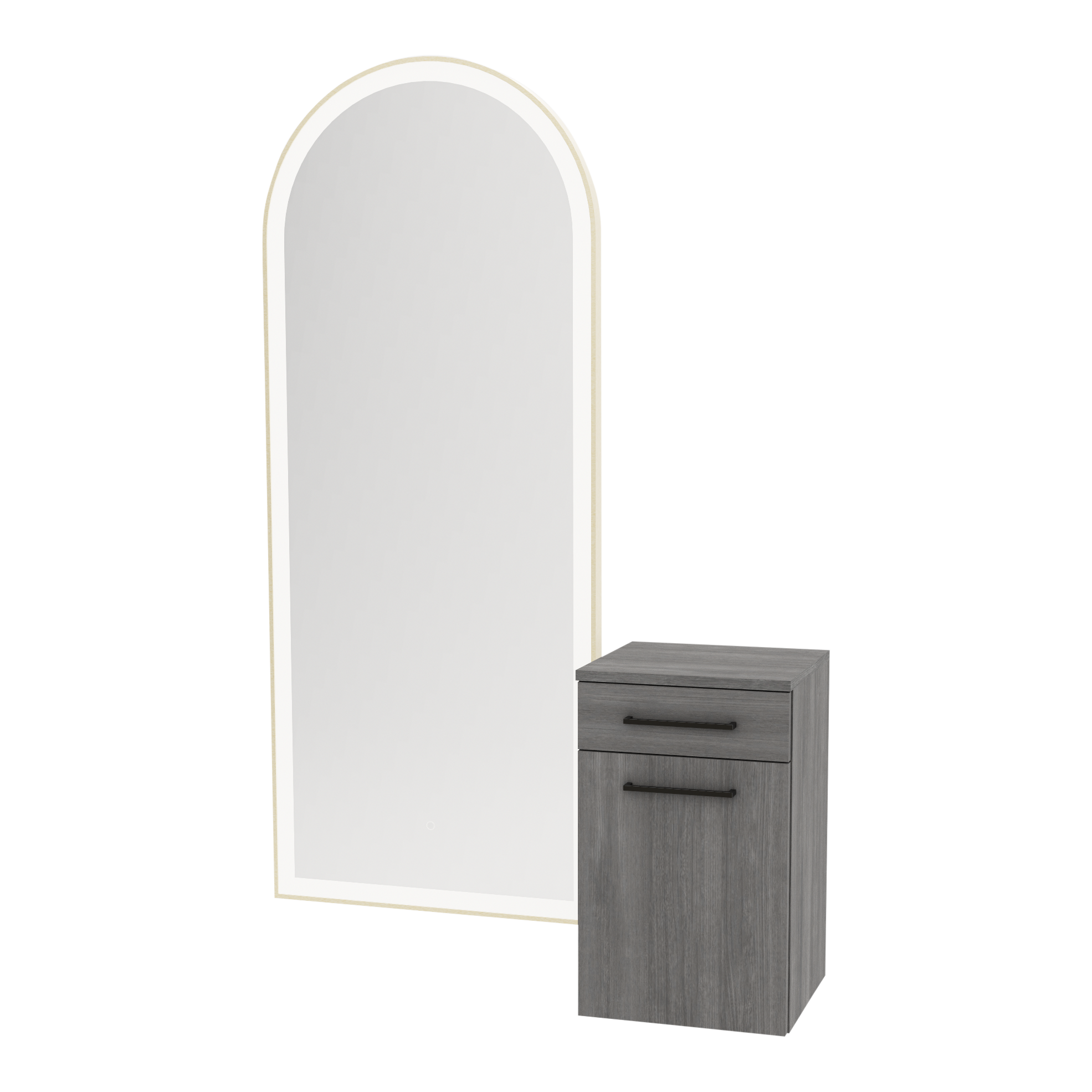 Glo Wall Mount Styling Station with Tilt-out Appliance Holder and Gold Full-Length Arch Paloma Mirror