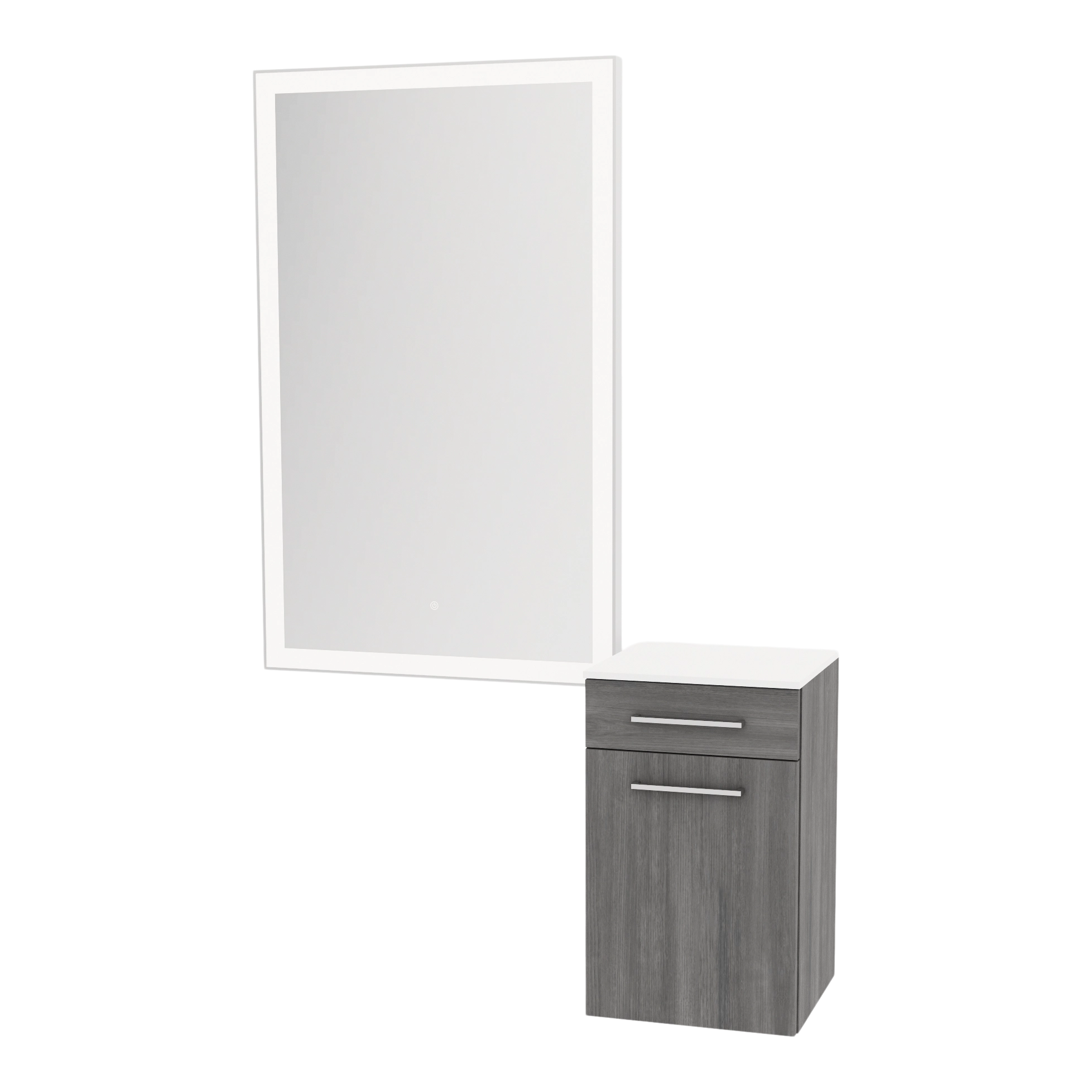 Glo Wall Mount Styling Station with Tilt-out Appliance Holder, Solid Surface Countertop, and Silver Rectangle Glo Mirror
