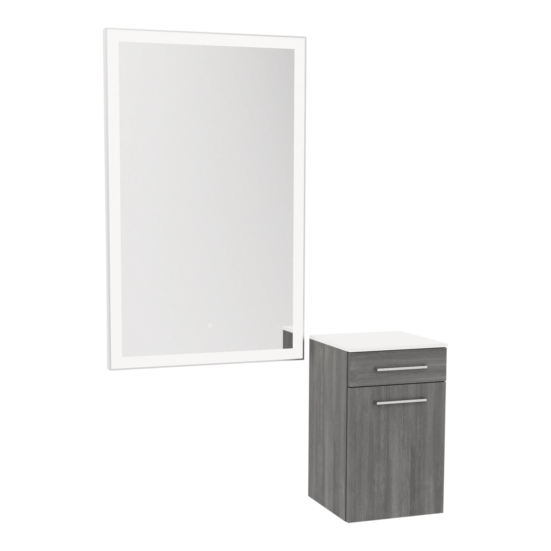 Glo Wall Mount Styling Station with Tilt-out Appliance Holder, Solid Surface Countertop, and Silver Rectangle Glo Mirror