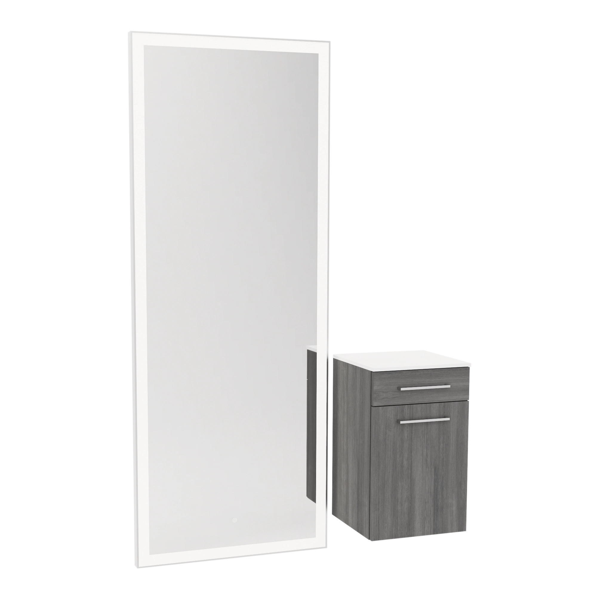 Glo Wall Mount Styling Station with Tilt-out Appliance Holder, Solid Surface Countertop, and Silver Full-Length Rectangle Glo Mirror